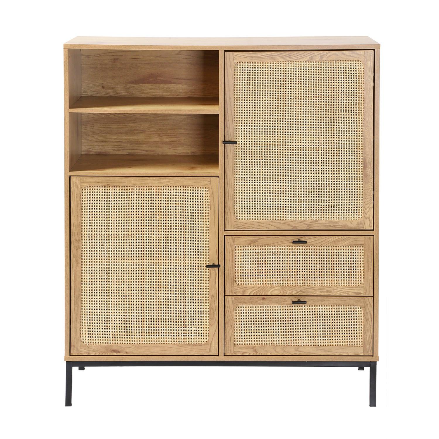 HOHE Buffetschrank mit Rattanfronten - L100 x H120 cm - JAYA - Eschefarben, Holzwerkstoff (40/120/55cm) - Calicosy