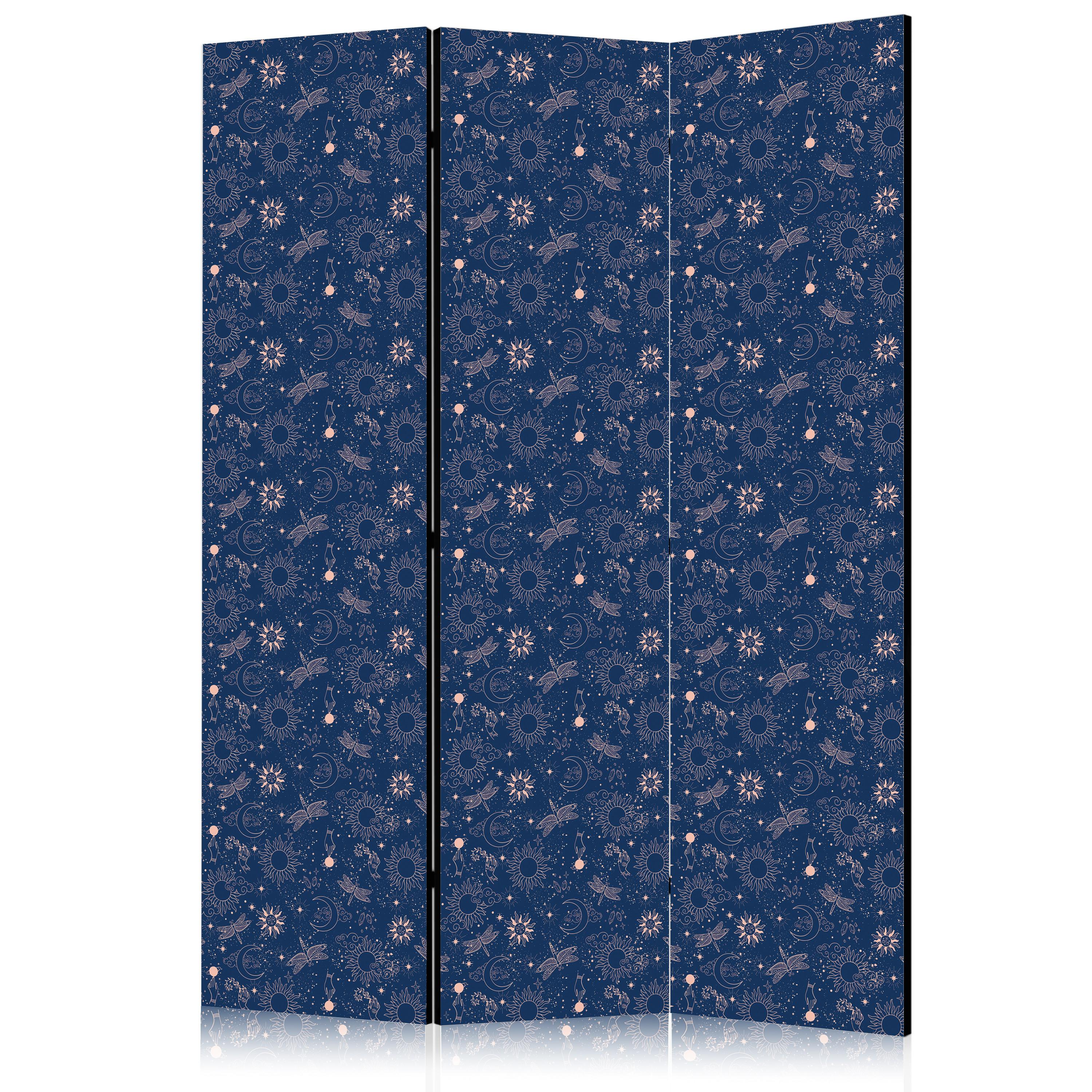 PARAVENT Beidseitig Bedruckter 3-tlg 135x172 cm Sonne Sterne Weltraum Boho - Blau, Holz/Textil (135/172/3cm) - Muralo