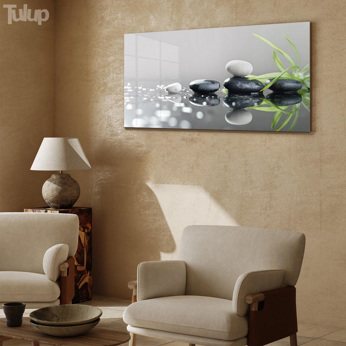 GLASBILD 140x70 cm Gras und Steine - Grau, Glas (140/70cm) - TULUP