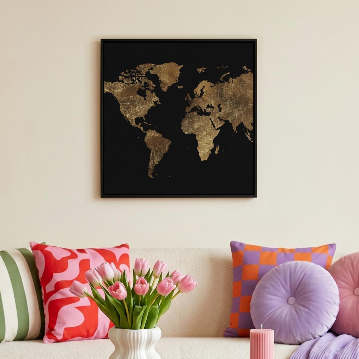 LEINWAND Bilder mit Rahmen - Weltkarte - Gold - Luxus - Erde - Schwarz - 50x50 - Goldfarben, Textil (50/50cm) - MuchoWow