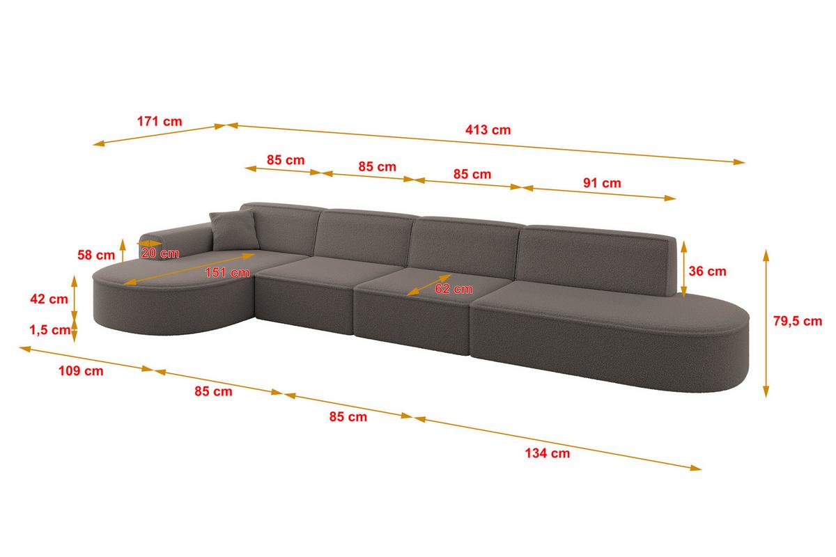 ECKSOFA Ottomane Links MARI-L3 - 413x171x79 cm Braun Bouclé - Schwarz/Braun, Holzwerkstoff/Kunststoff (413/171cm) - ALTDECOR