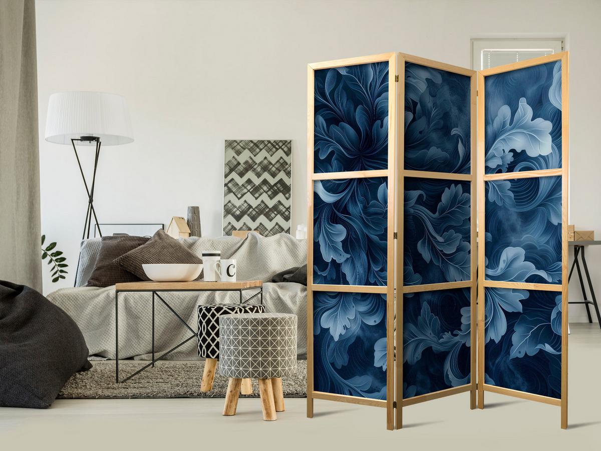 PARAVENT Japanischer 3-tlg 135x172 cm Bl tter Ornamente - Blau, Holz/Textil (135/172/3cm) - Muralo
