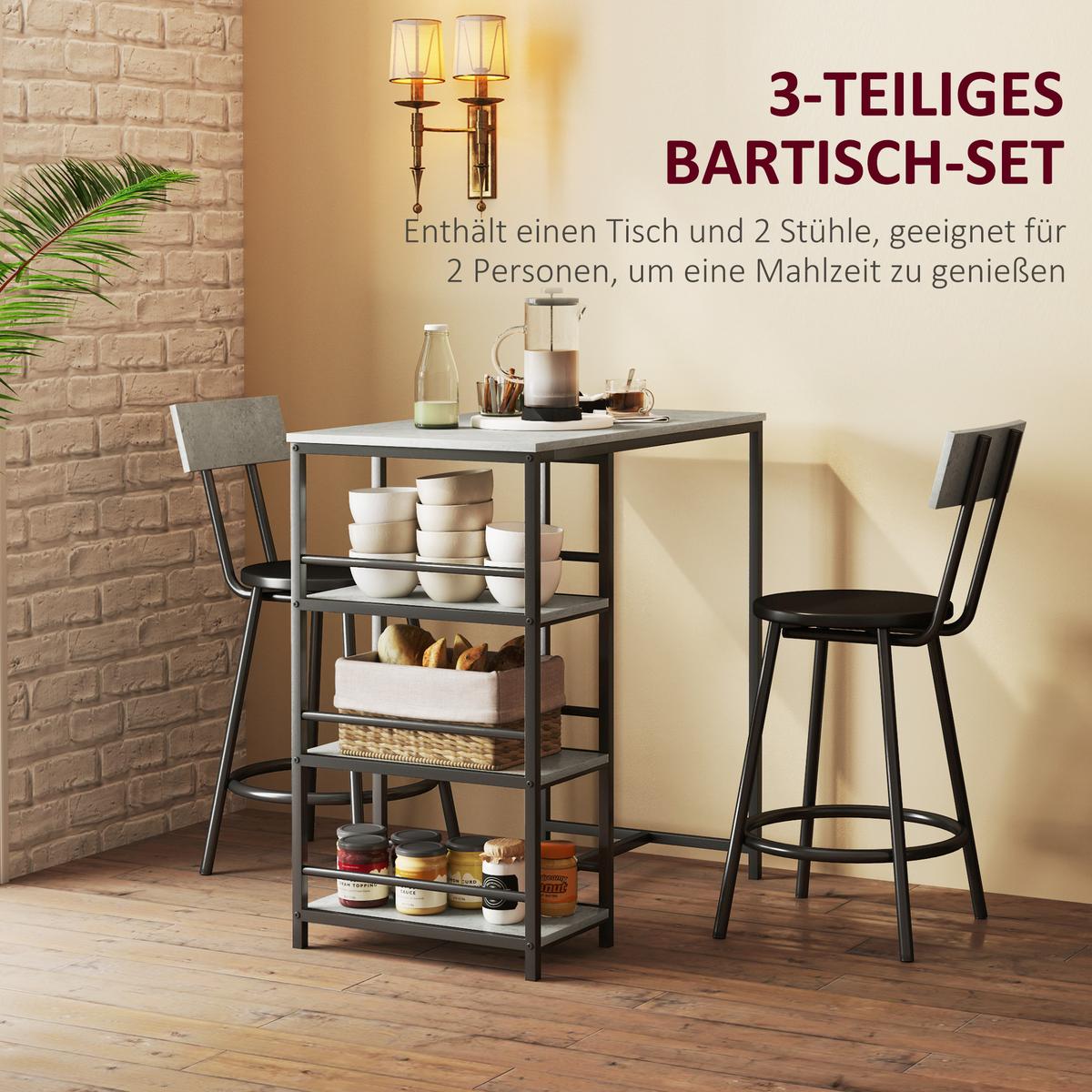 BARTISCH-SET 3er Set Stahl MDF Eiche - Hellgrau, Metall (50/90.5/90cm) - HOMCOM