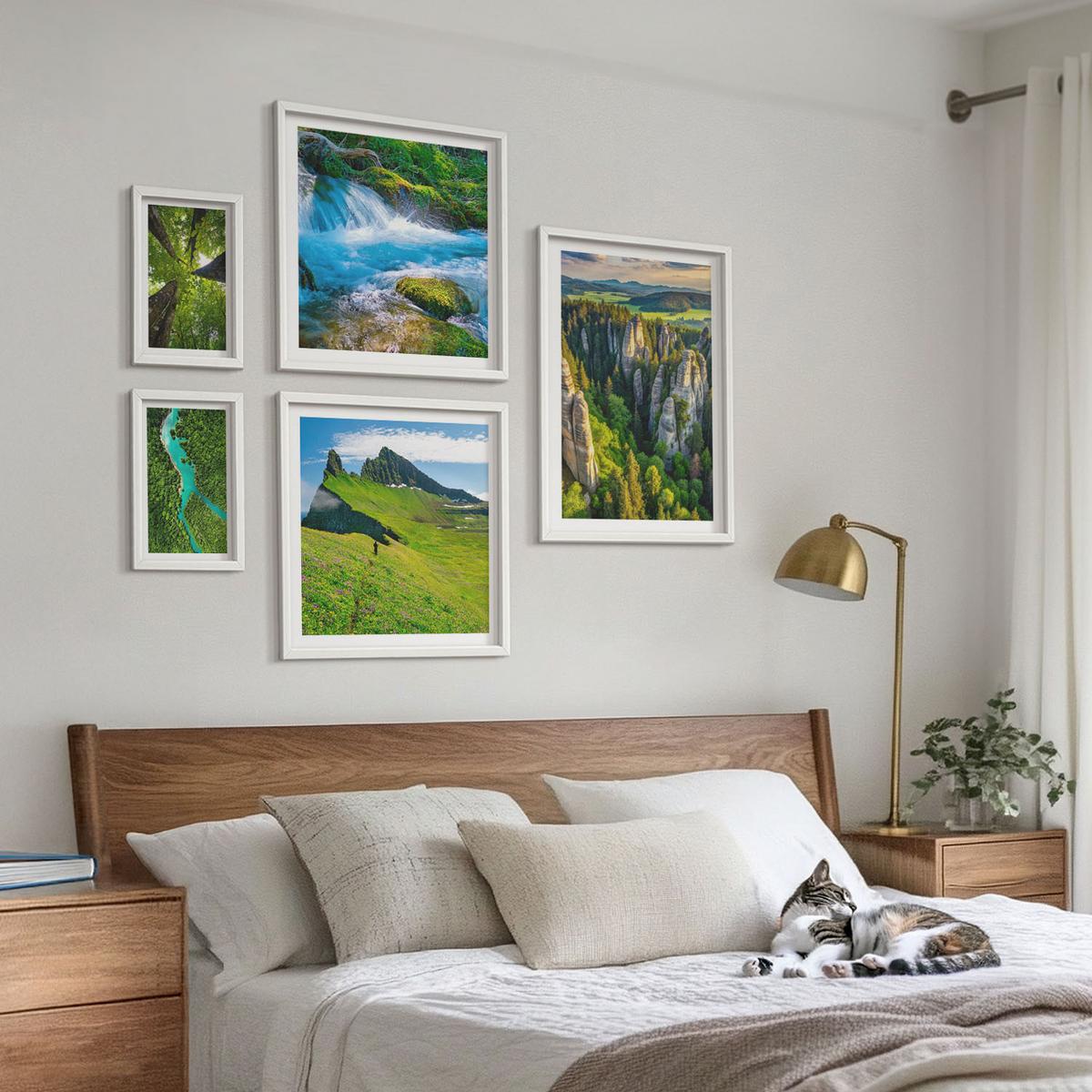 BILDER SET 5er Set - 50x50 cm & 20x30 cm & 40x60 cm Weißer Rahmen - Wasserfälle grüner Wald Wasser - Weiß, Kunststoff (40/60cm) - TULUP