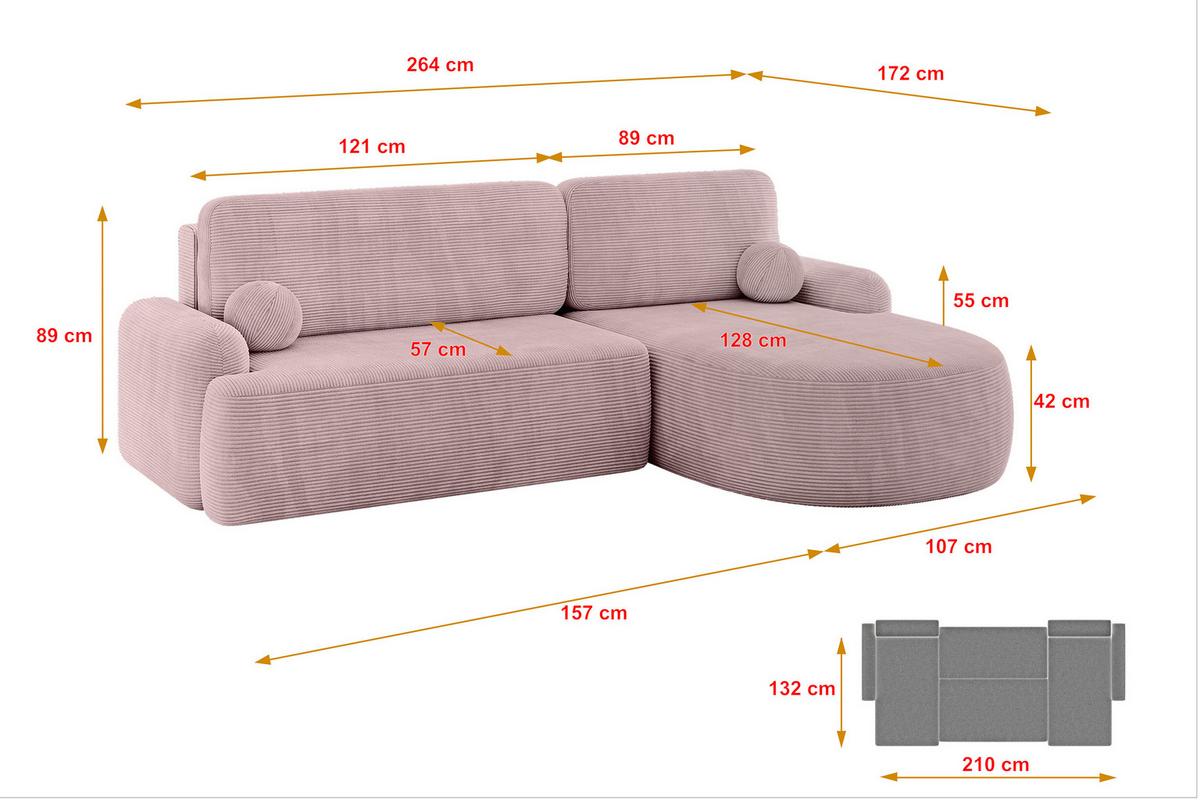 ECKSOFA mit Schlaffunktion und Bettkasten LIRA-L - 264x172x89 Rosa - Rosa, Holzwerkstoff/Textil (172/264cm) - ALTDECOR