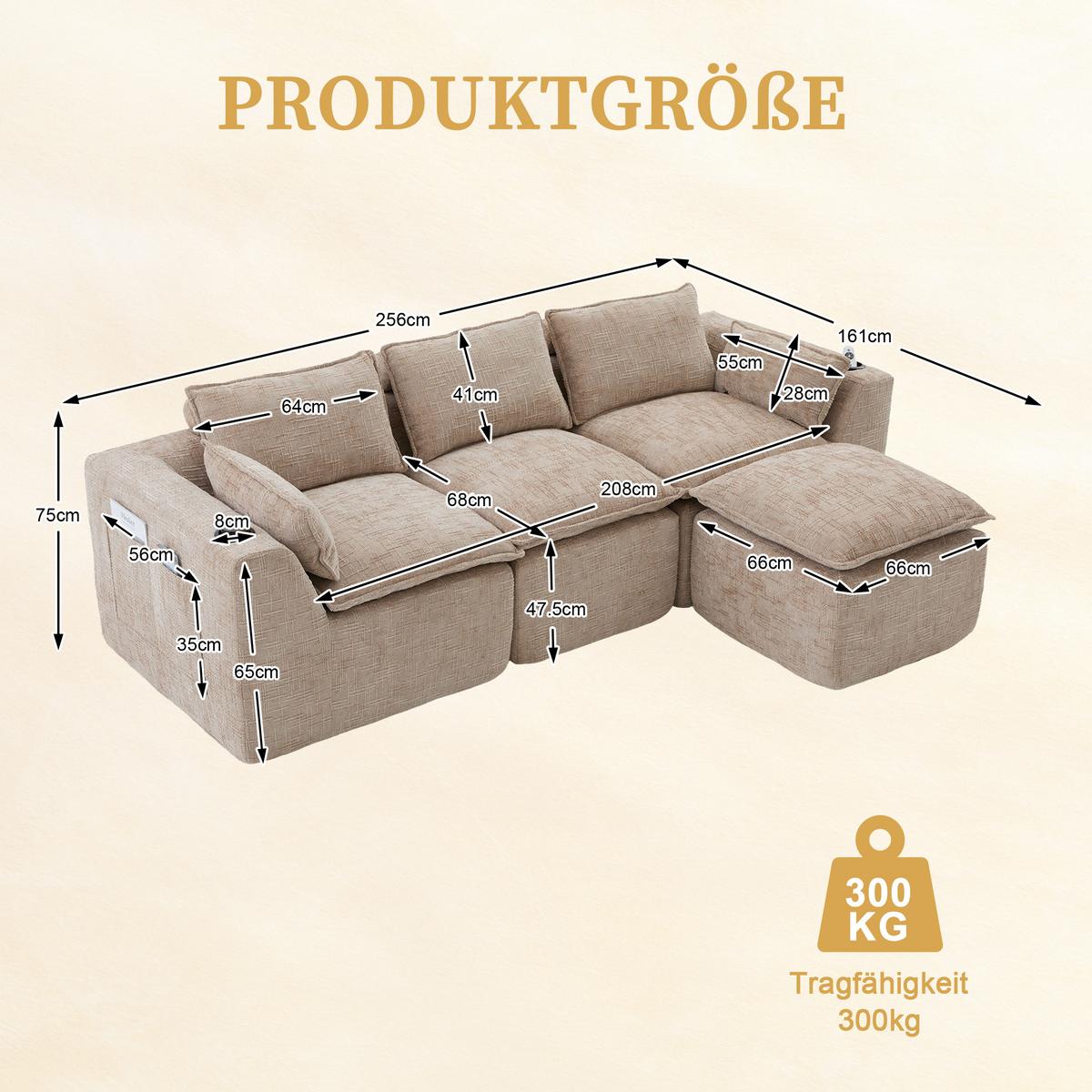 3-SITZER-SOFA aus chenille, mit fußhocker und getränkehalter - Sandfarben, Textil (256/75/161cm) - Urban Meuble