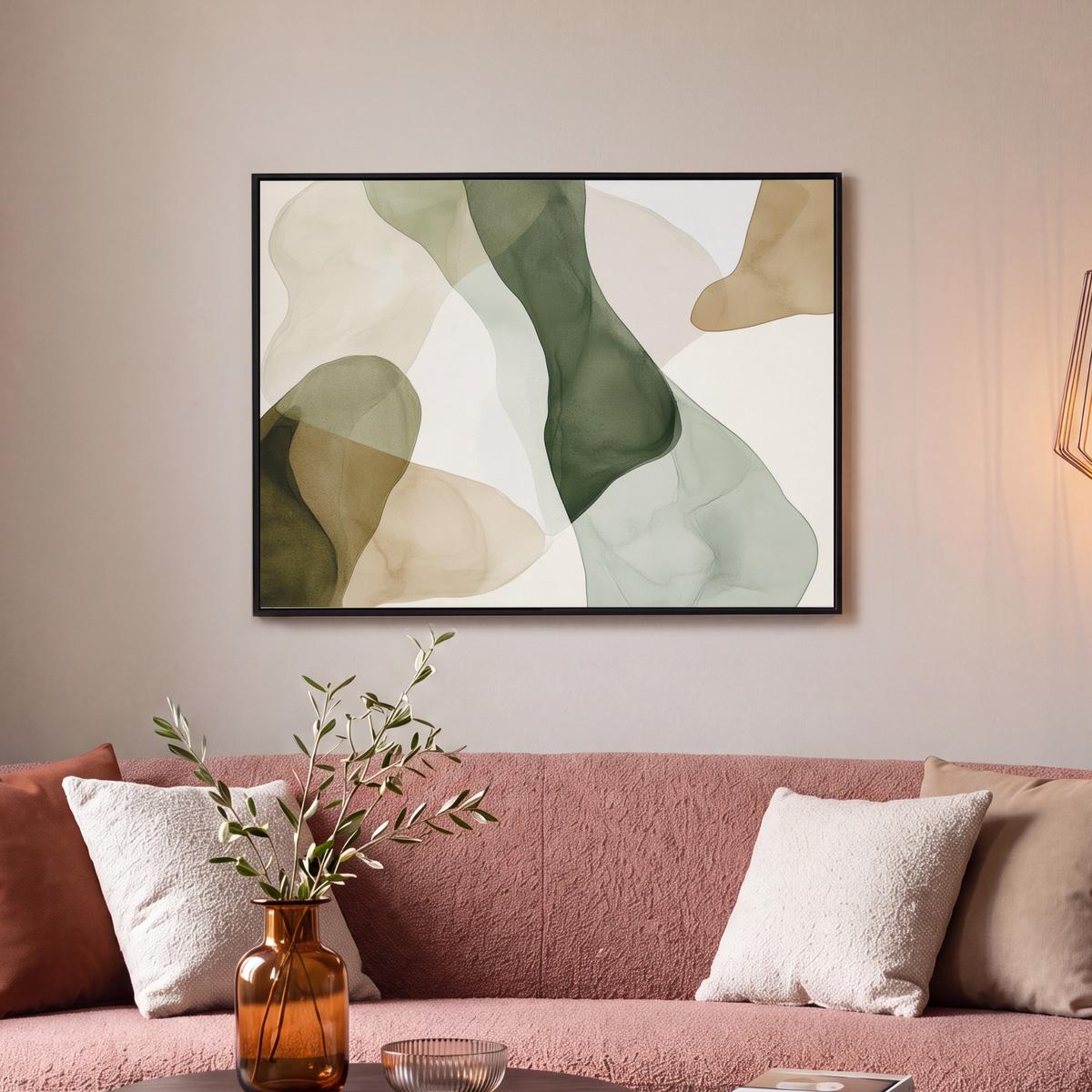 LEINWAND Bilder mit Rahmen - Japandi - Abstrakt - Grün - 80x60 - Salbeigrün, Textil (80/60cm) - MuchoWow