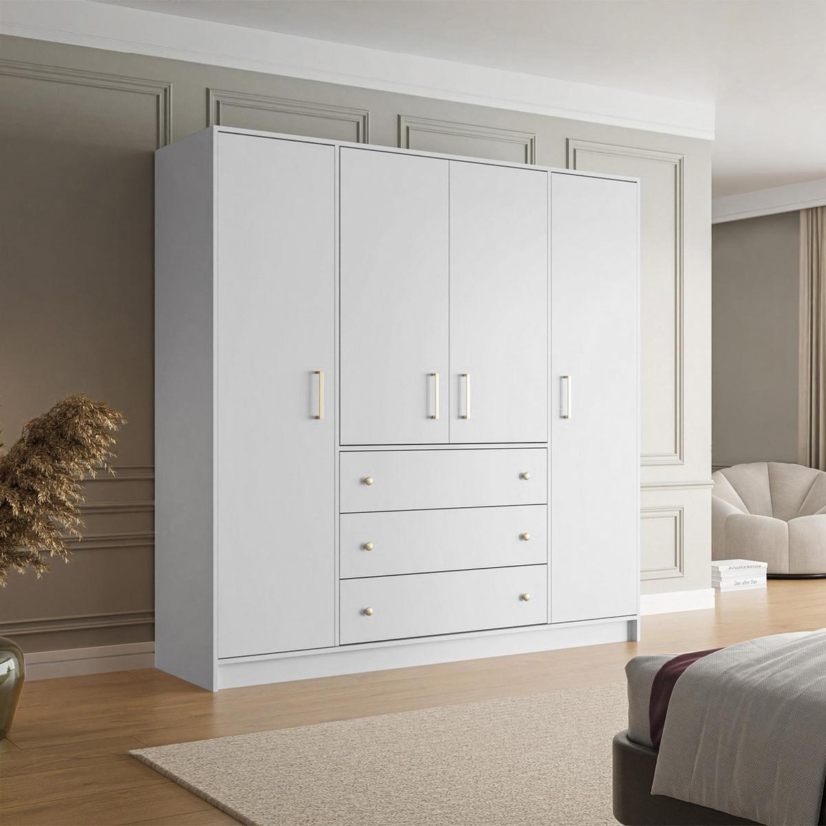 DREHTÜRENSCHRANK Rilo mit 4 Türen und 3 Schubladen, 200 cm, Weiß - Weiß, Holzwerkstoff (196/210/58cm) - Beautysofa
