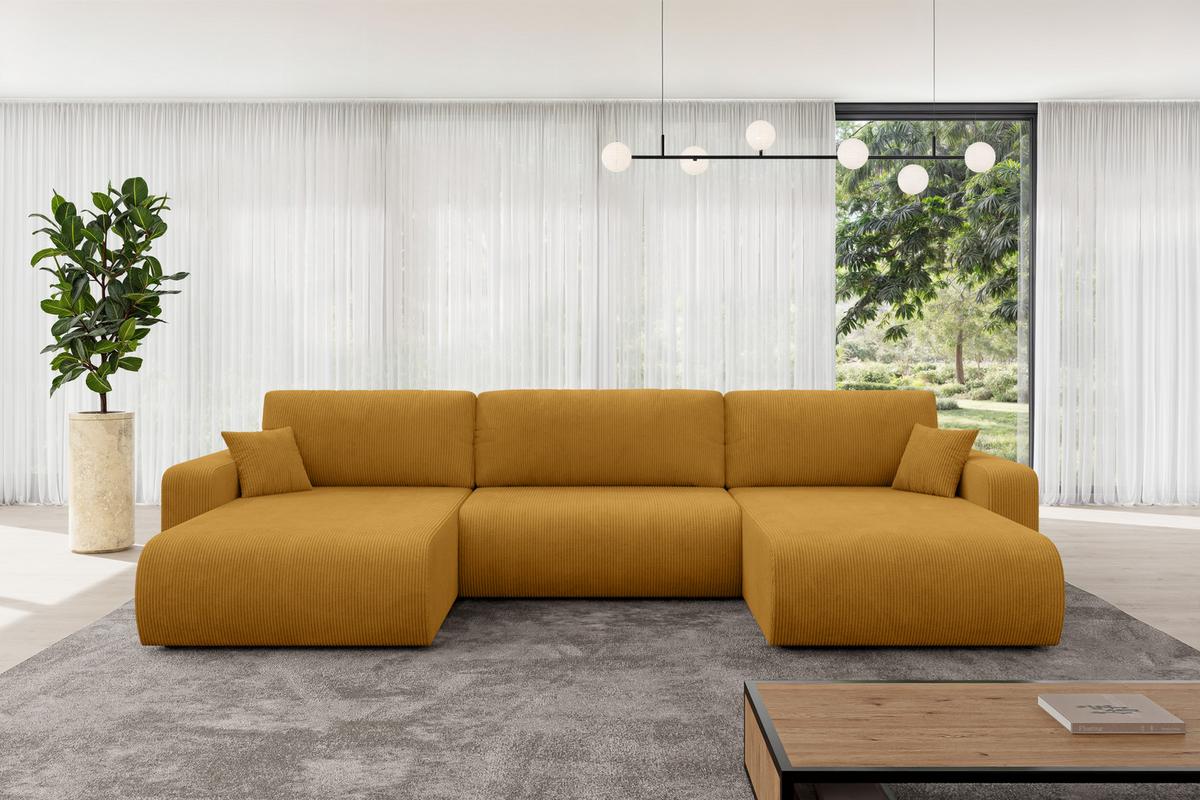 WOHNLANDSCHAFT mit Schlaffunktion und Bettkasten BERY-U 377x193x88 Senfgelb Cord - Dunkelgelb/Schwarz, Holzwerkstoff/Kunststoff (377/88/193cm) - ALTDECOR