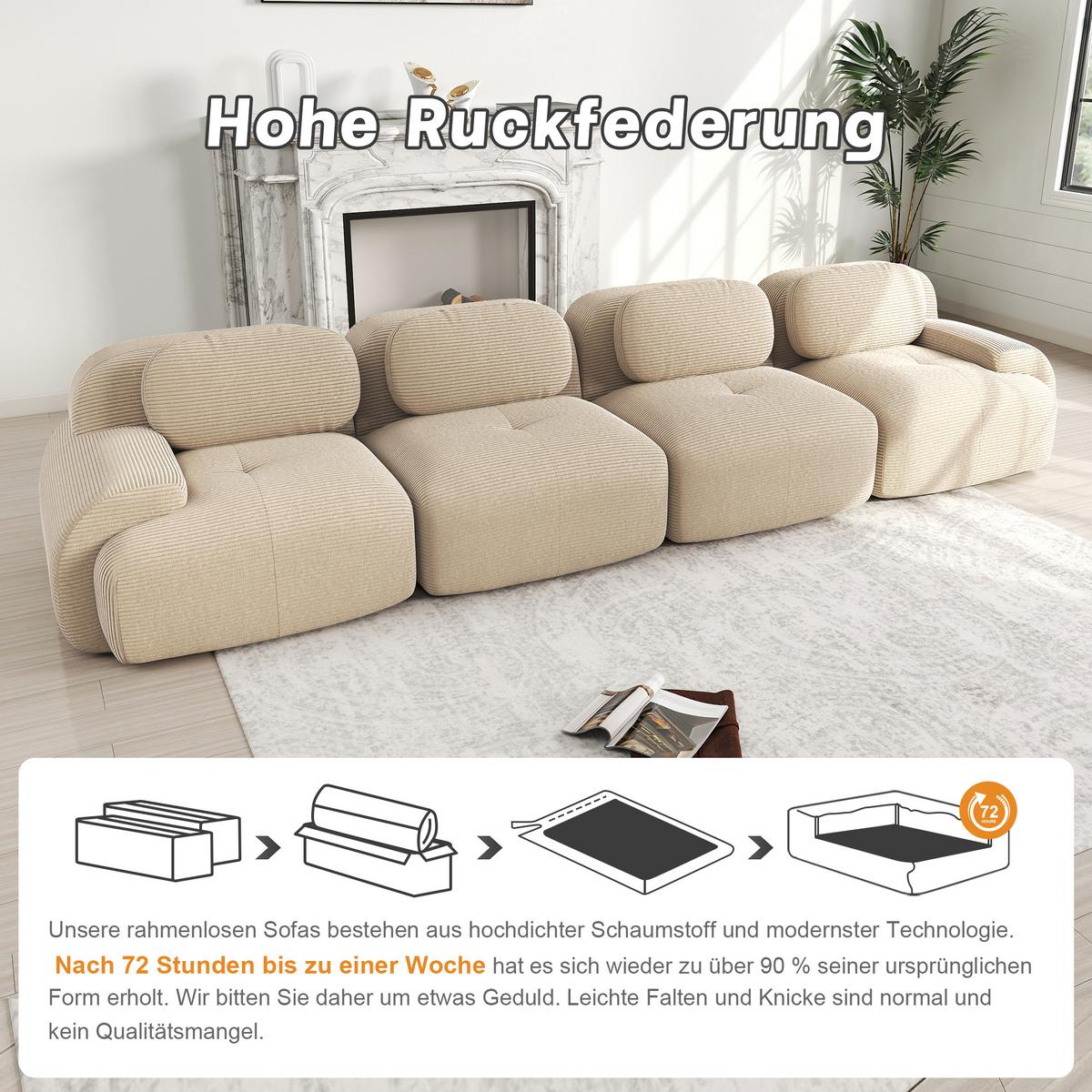 4-SITZER SOFA Modulares Boneless Cord Sofa Rahmenlos - Beige, Textil (388/75/103cm) - Urban Meuble