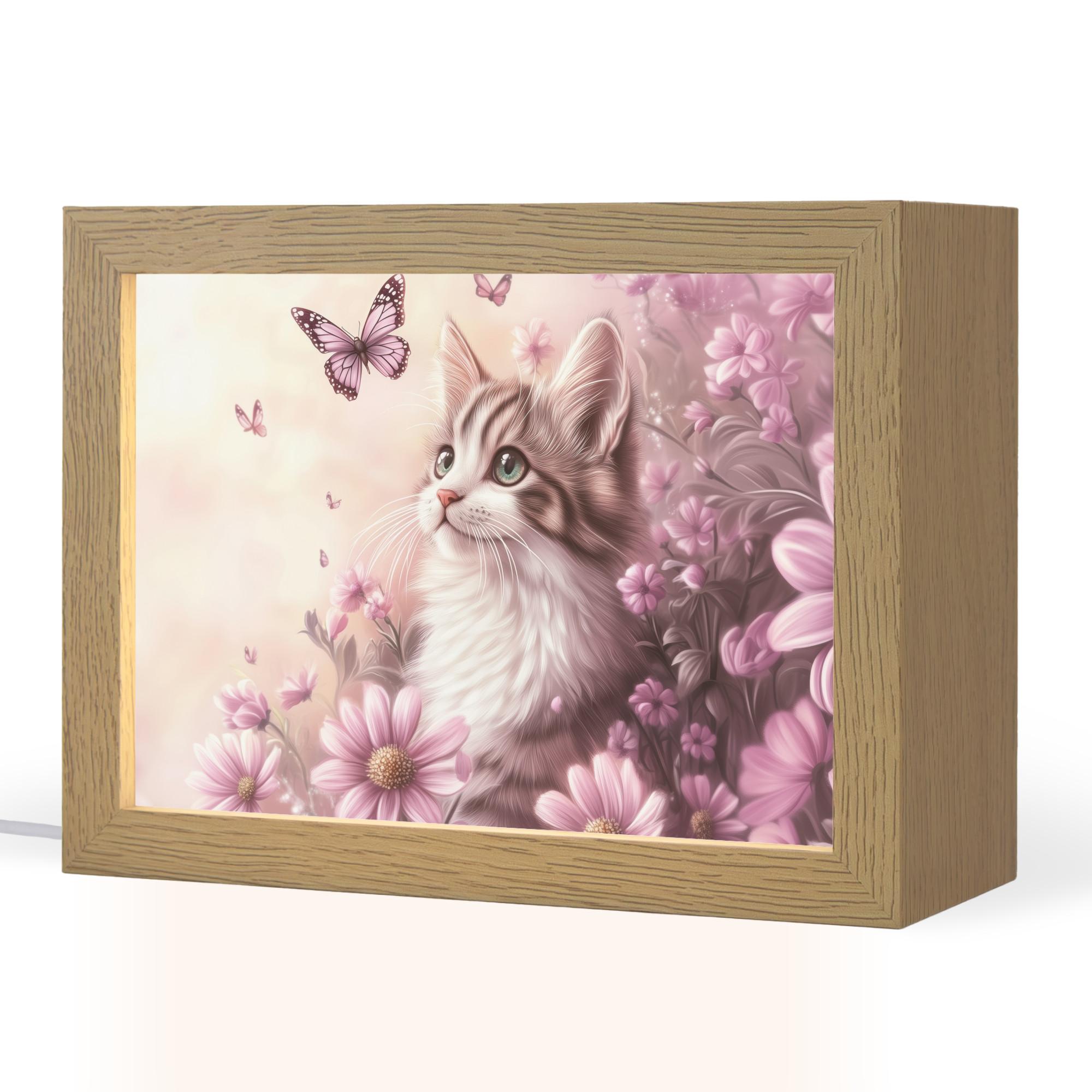 NACHTTISCHLAMPE Kätzchen - Blumen - Schmetterlinge - Lila 20x15 cm - Altrosa, Holzwerkstoff (8/20/15cm) - OnlyWow