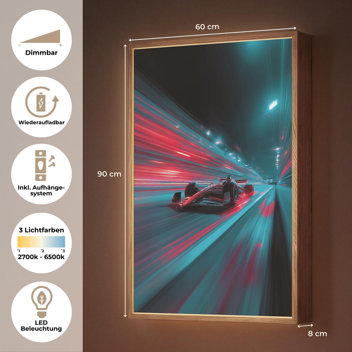 WANDLEUCHTE MIT AKKU Rennwagen - Rot - Geschwindigkeit 60x90 cm - Türkis, Holzwerkstoff (60/90/8cm) - OnlyWow