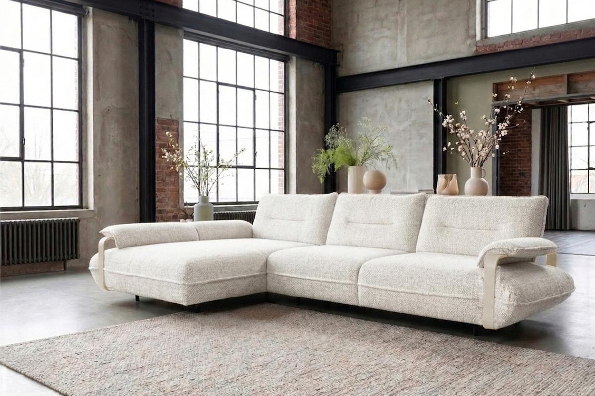 ECKSOFA ANISSA Cremeweiß Flachgewebe - Creme/Schwarz, Kunststoff/Textil (297/185cm) - KAWOLA