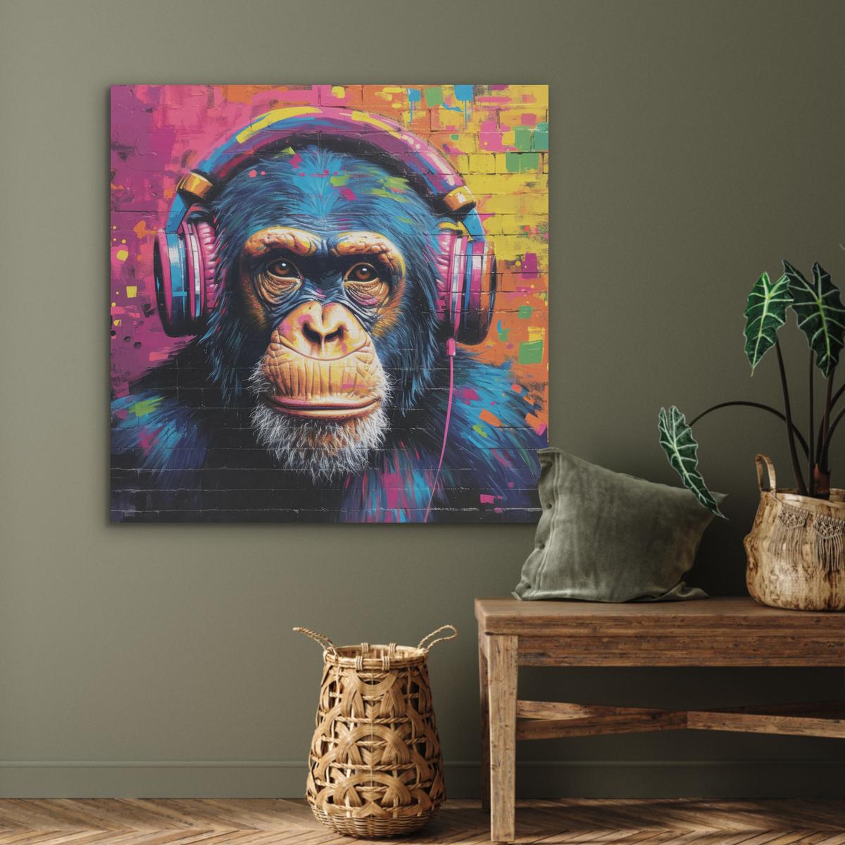 AKUSTIKBILD Graffiti - Schimpanse - Straßenkunst - Kopfhörer - Affe Akustikpaneele 90x90 cm - Blau, Kunststoff (90/90/0.9cm) - MuchoWow