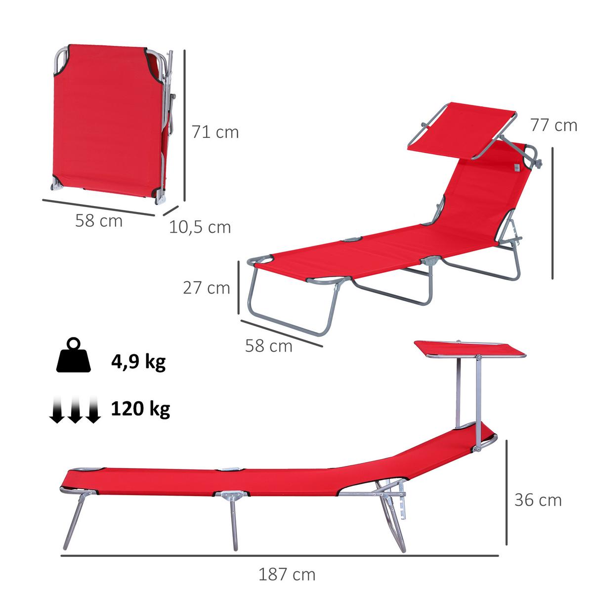 SONNENLIEGE mit Sonnenschutz, Rot - Rot, Metall (58/36/187cm) - Outsunny
