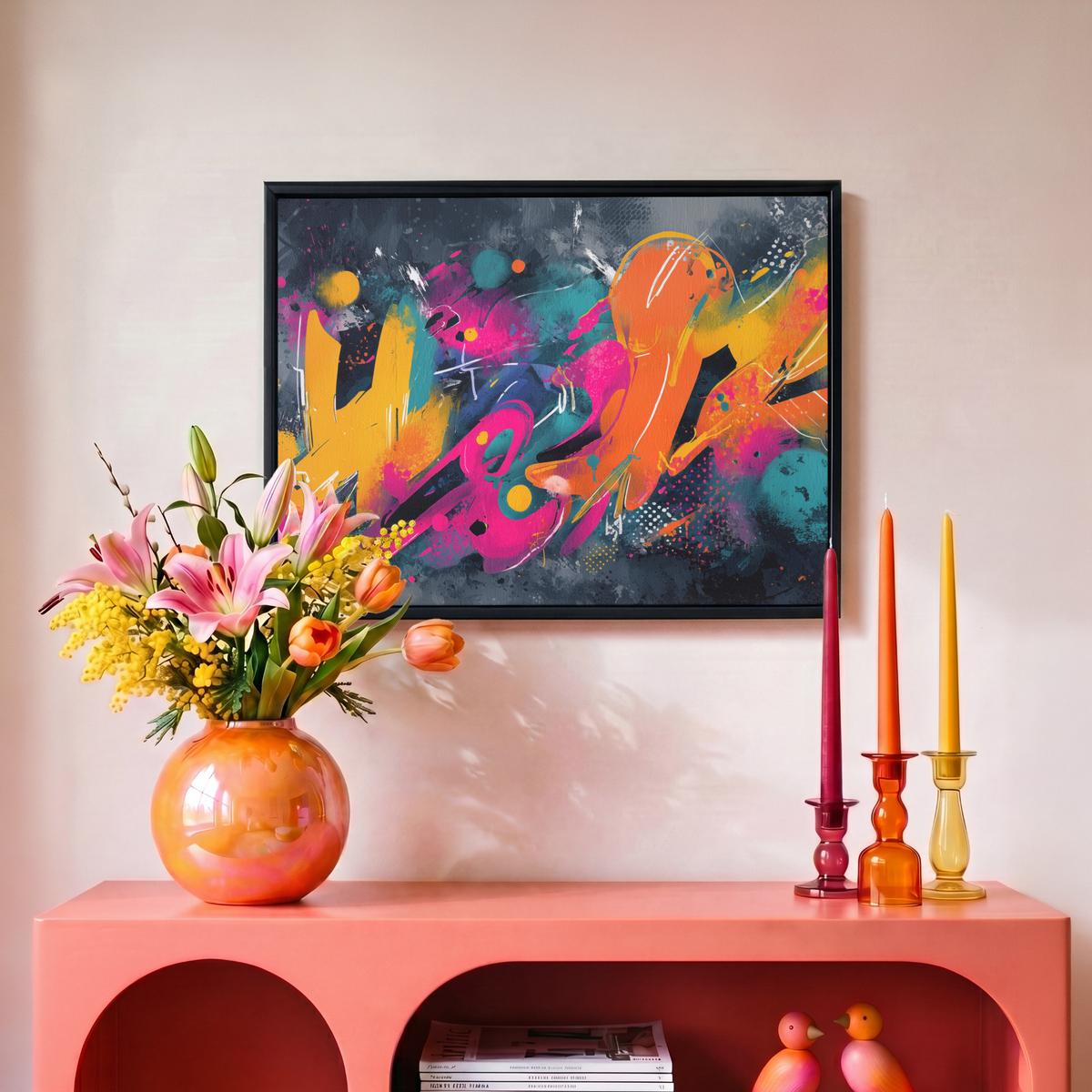 LEINWAND Bilder mit Rahmen - Abstrakt - Graffiti - Farbenfroh - Farbspritzer - 40x30 - Multicolor, Textil (40/30cm) - MuchoWow