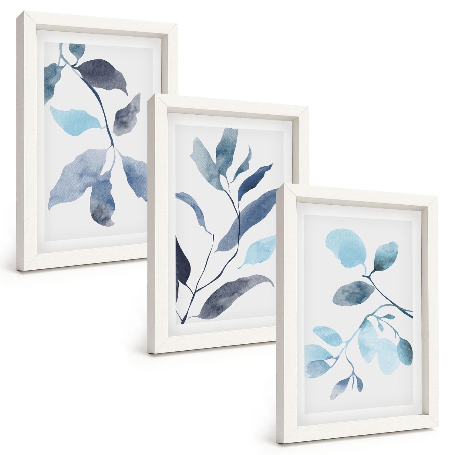 BILDER SET 3er Set - 20x30 cm Weißer Rahmen - Aquarell von blauen Blättern - Weiß, Kunststoff (20/30cm) - TULUP