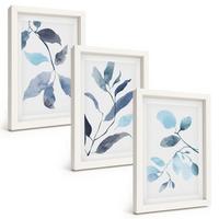 BILDER SET 3er Set - 20x30 cm Weißer Rahmen - Aquarell von blauen Blättern - Weiß, Kunststoff (20/30cm) - TULUP
