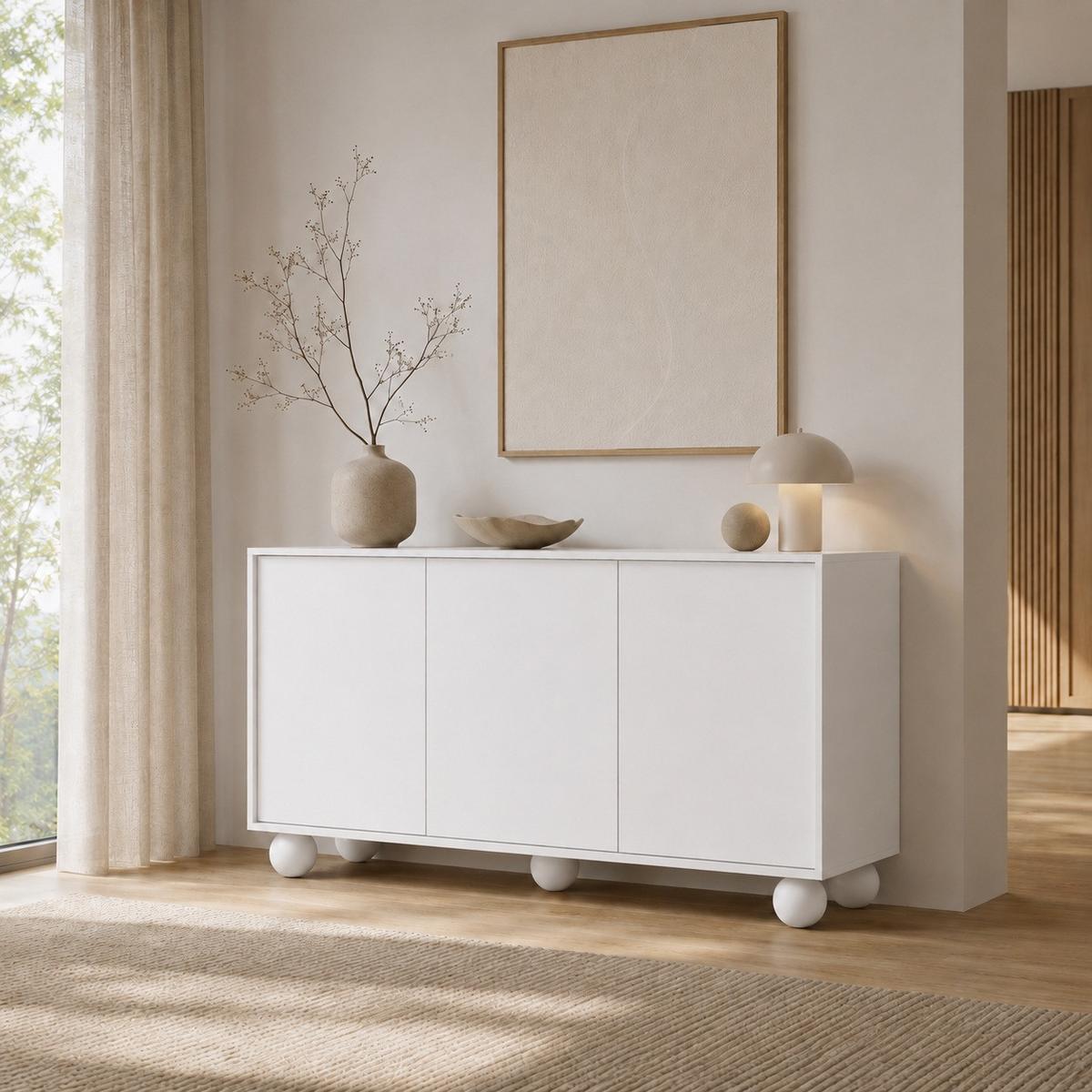 KOMMODE Adel mit 3 Türen und runden Füßen, 154 cm, Griffloss, Weiß - Weiß, Holzwerkstoff (154/81/38cm) - Beautysofa