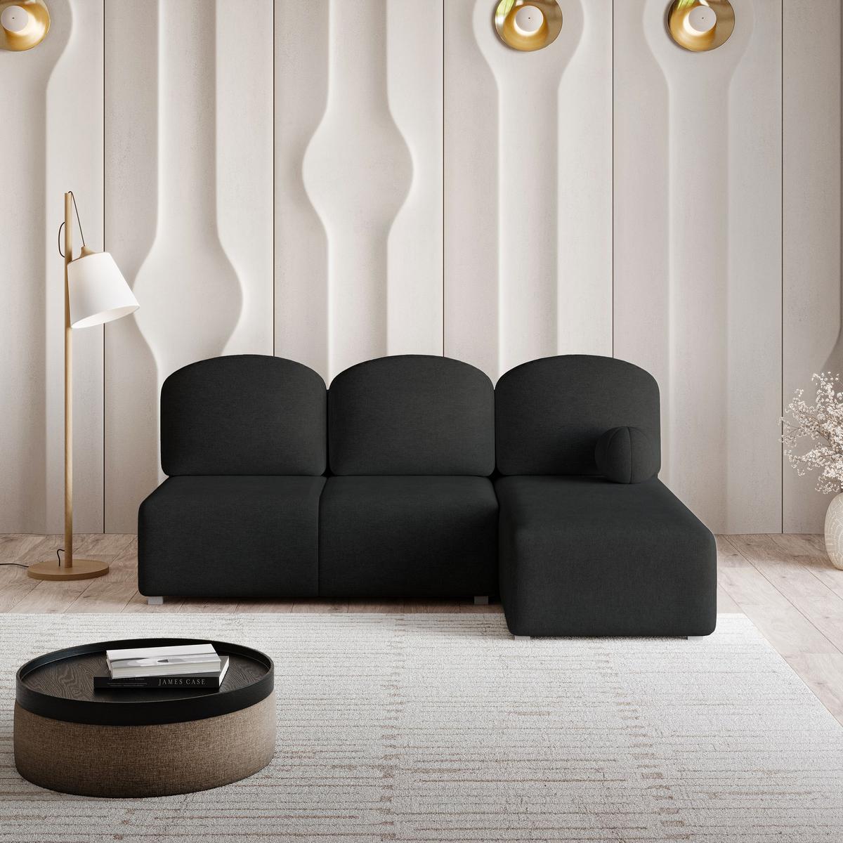 ECKSOFA TRAMA Schwarz Geflochtener Stoff mit Schlaffunktion - Schwarz, Holz (200/143cm) - MASSENO