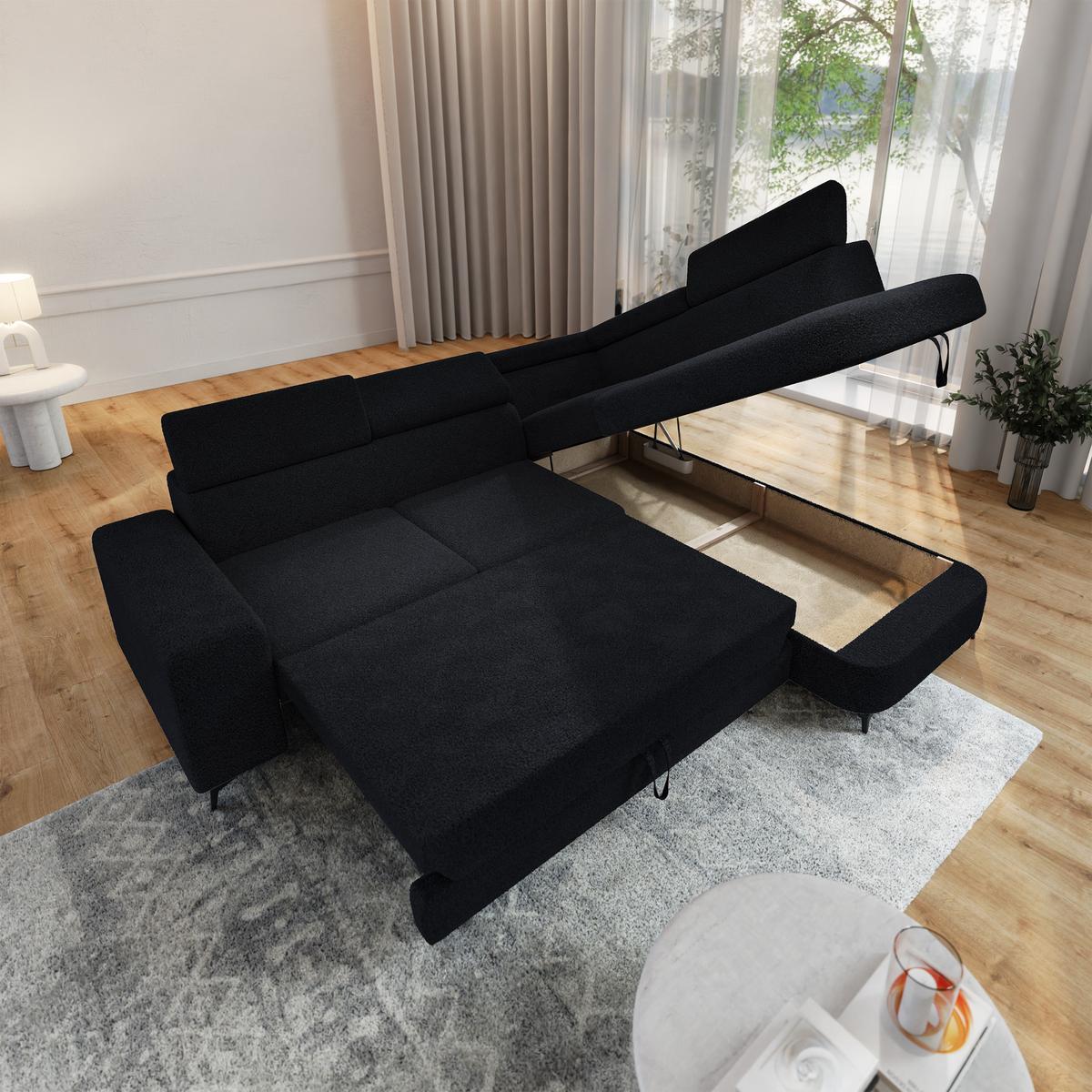 ECKSOFA ALVORO R-S Schwarz Boucle-Stoff mit Schlaffunktion - Schwarz, Holz (253/190cm) - MASSENO