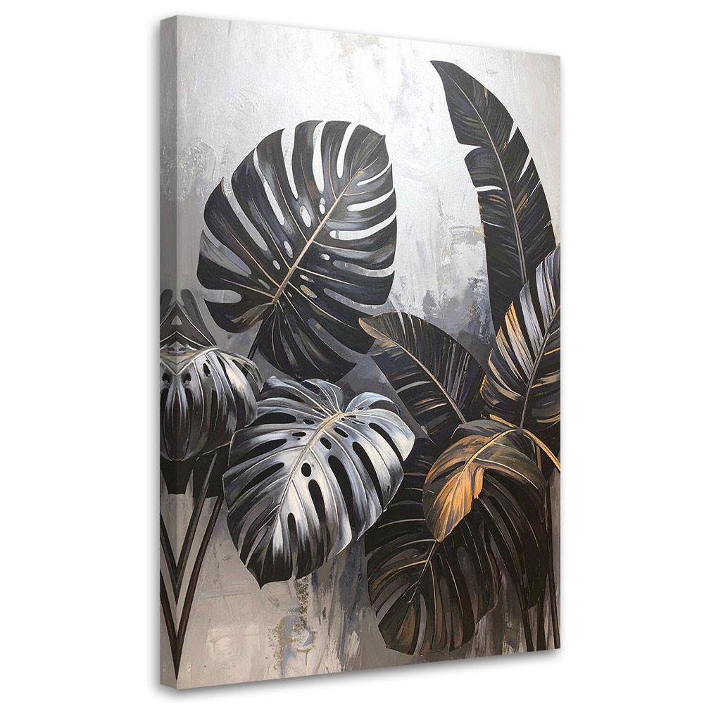 LEINWANDBILD, Schwarze Blätter von Monstera und Bananenbaum auf grauem Hintergrund - Schwarz, Textil (70/100cm) - Feeby
