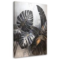 LEINWANDBILD, Schwarze Blätter von Monstera und Bananenbaum auf grauem Hintergrund - Schwarz, Textil (70/100cm) - Feeby