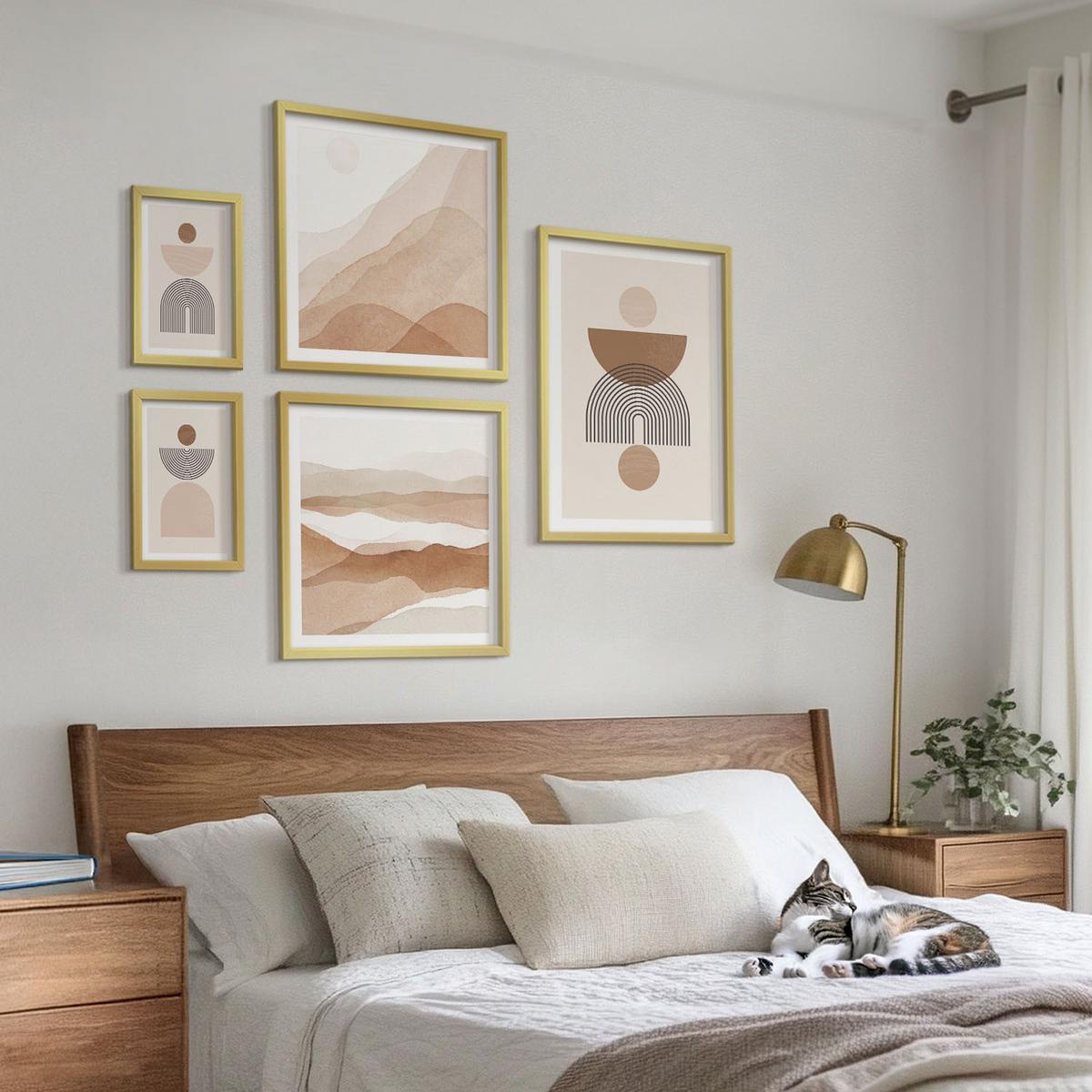 BILDER SET 5er Set - 50x50 cm & 20x30 cm & 40x60 cm Goldrahmen - Abstraktes Boho-Design - Goldfarben, Kunststoff (40/60cm) - TULUP