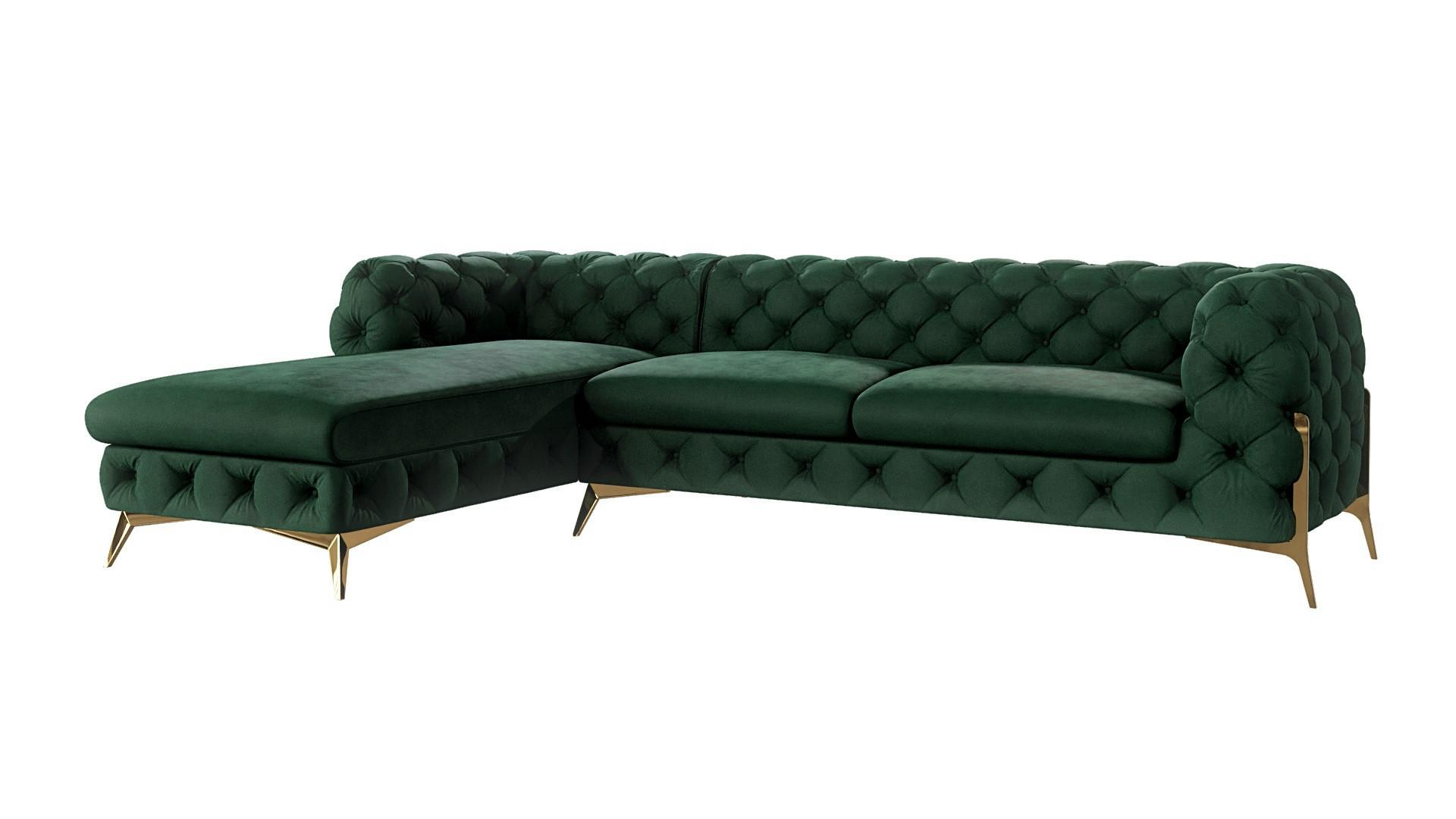 ECKSOFA Chesterfield Lexi Flasche Grün Samt, Ottomane links - Smaragdgrün/Goldfarben, Holz/Textil (305/200cm) - S-Style