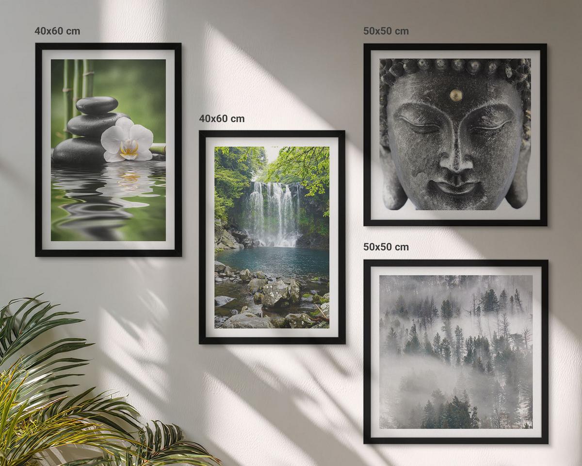 BILDER SET 4er Set - 50x50 cm & 40x60 cm Schwarzer Rahmen - Harmonie der Natur, Steine, Wasser, Buddha - Schwarz, Kunststoff (50/50cm) - TULUP
