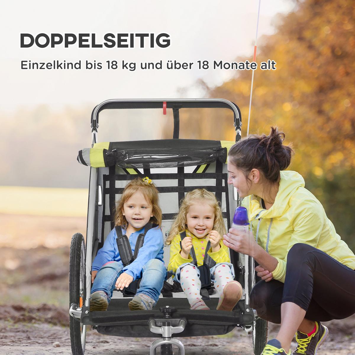 FAHRRADANHÄNGER für 2 Kinder, Schiebefunktion, Regenschutz, Gelb - Gelb/Schwarz, Kunststoff/Metall (75/101/142cm) - HOMCOM