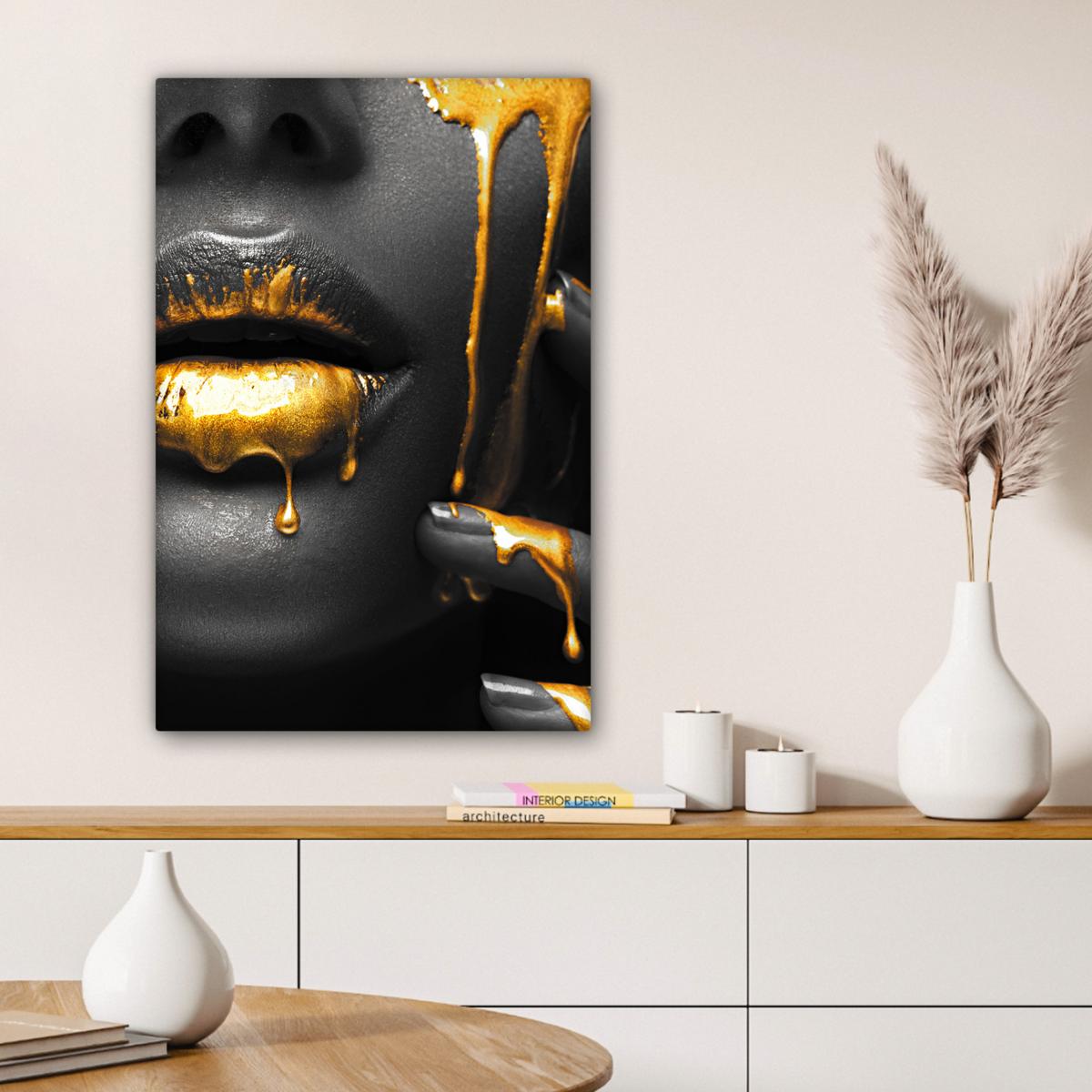 LEINWANDBILD Frau - Schwarz - Gold - Gesicht - Lippen Wanddeko Schlafzimmer 60x90 cm - Goldfarben, Textil (60/90cm) - MuchoWow