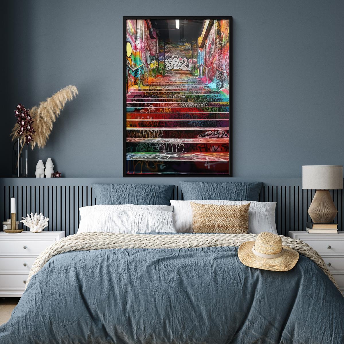 POSTER MIT RAHMEN Treppe - Graffiti - Farben - Kunst Bilderleiste 80x120 cm - Multicolor, Papier (80/120cm) - MuchoWow