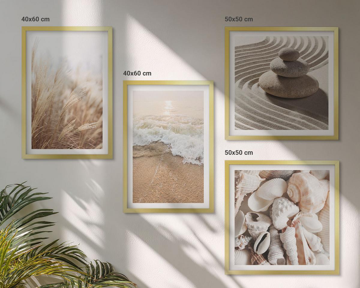 BILDER SET 4er Set - 50x50 cm & 40x60 cm Goldrahmen - Strandmotive, Muscheln, Wellen - Goldfarben, Kunststoff (50/50cm) - TULUP