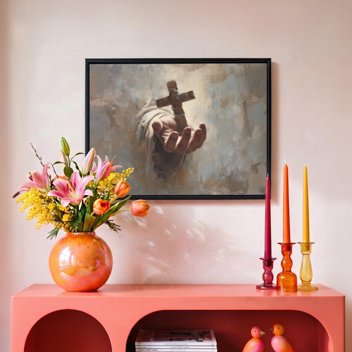 LEINWAND Bilder mit Rahmen - Abstrakt - Kreuz - Hand - Christentum - 40x30 - Hellbraun, Textil (40/30cm) - MuchoWow