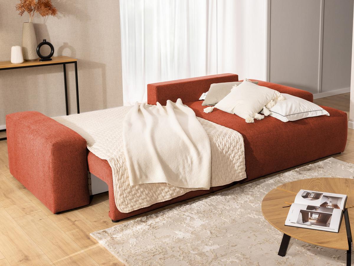 ECKSOFA inkl. Hocker Lennon aus Terrakotta Strukturstoff mit Schlaffunktion und Bettkasten - Terracotta/Schwarz, Holz/Kunststoff (264/137cm) - S-Style