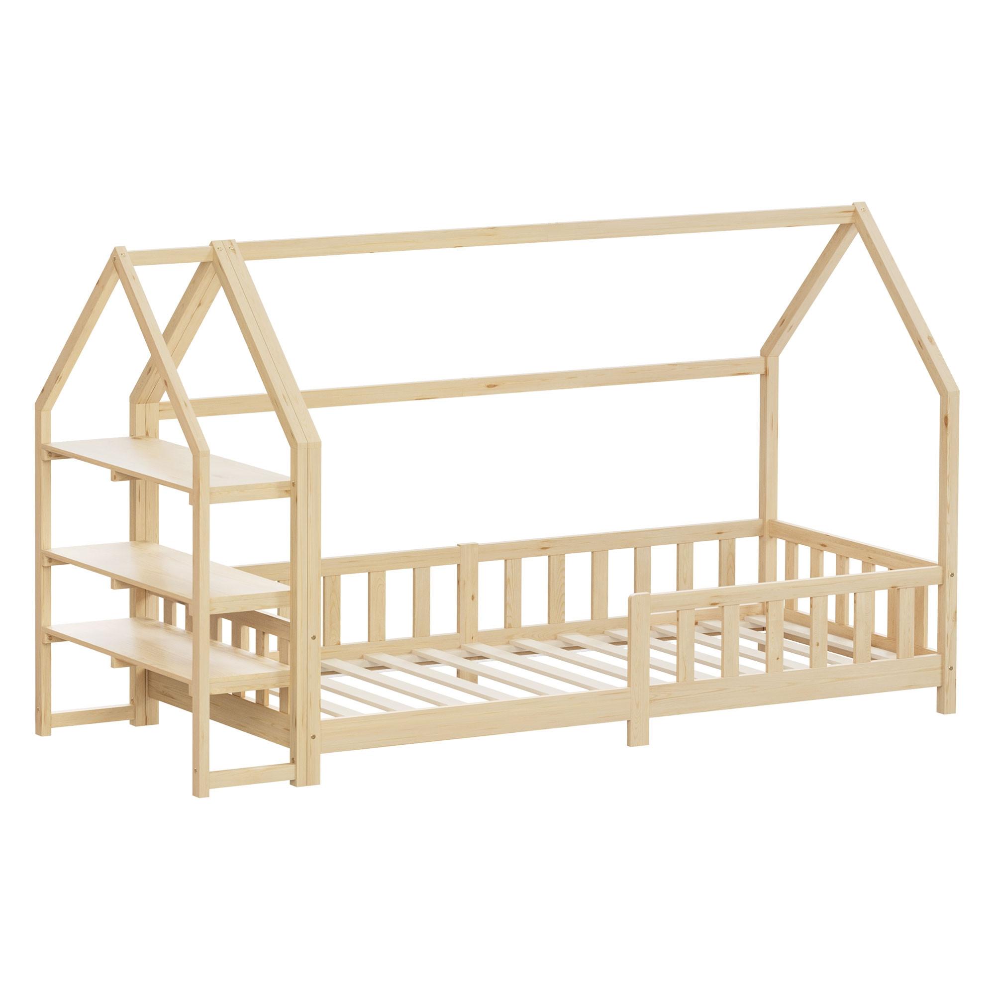 KINDERBETT 90x200 cm mit Rausfallschutz & Regal Natur aus Kiefernholz - Naturfarben, Holz (90/200cm) - ML-DESIGN