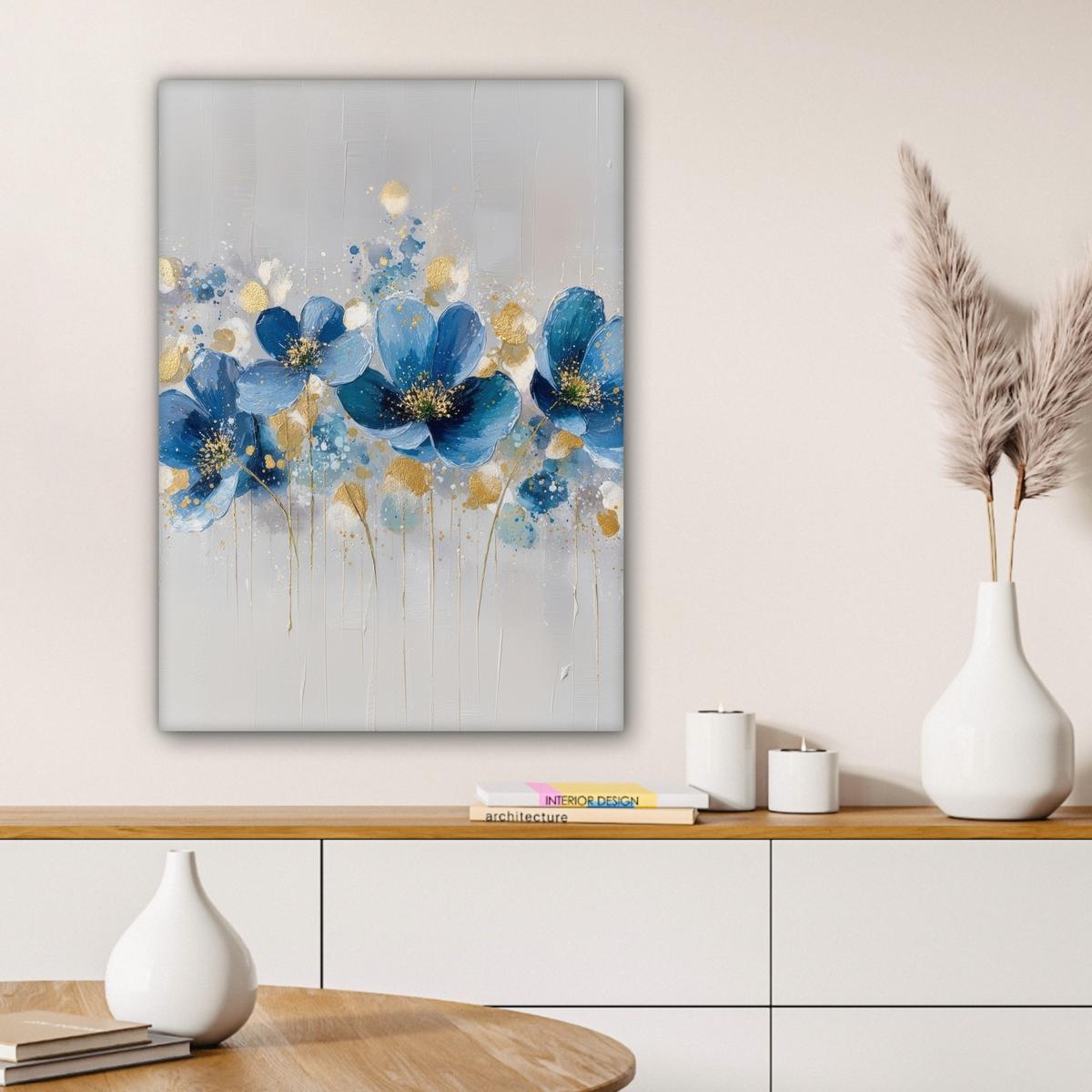 LEINWANDBILD Blumen - Blau - Abstrakt Wandbild Wohnzimmer 60x80 cm - Hellgrau, Textil (60/80cm) - MuchoWow