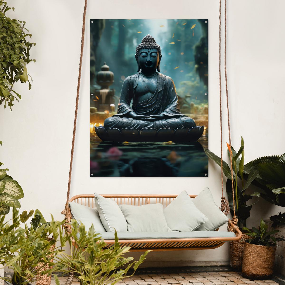 GARTENPOSTER Buddha - Statue - Buddha - Zen - Kunst - Buddha Gartendekoration 120x160 cm - Dunkelgrau, Kunststoff (120/160/0.2cm) - OnlyWow