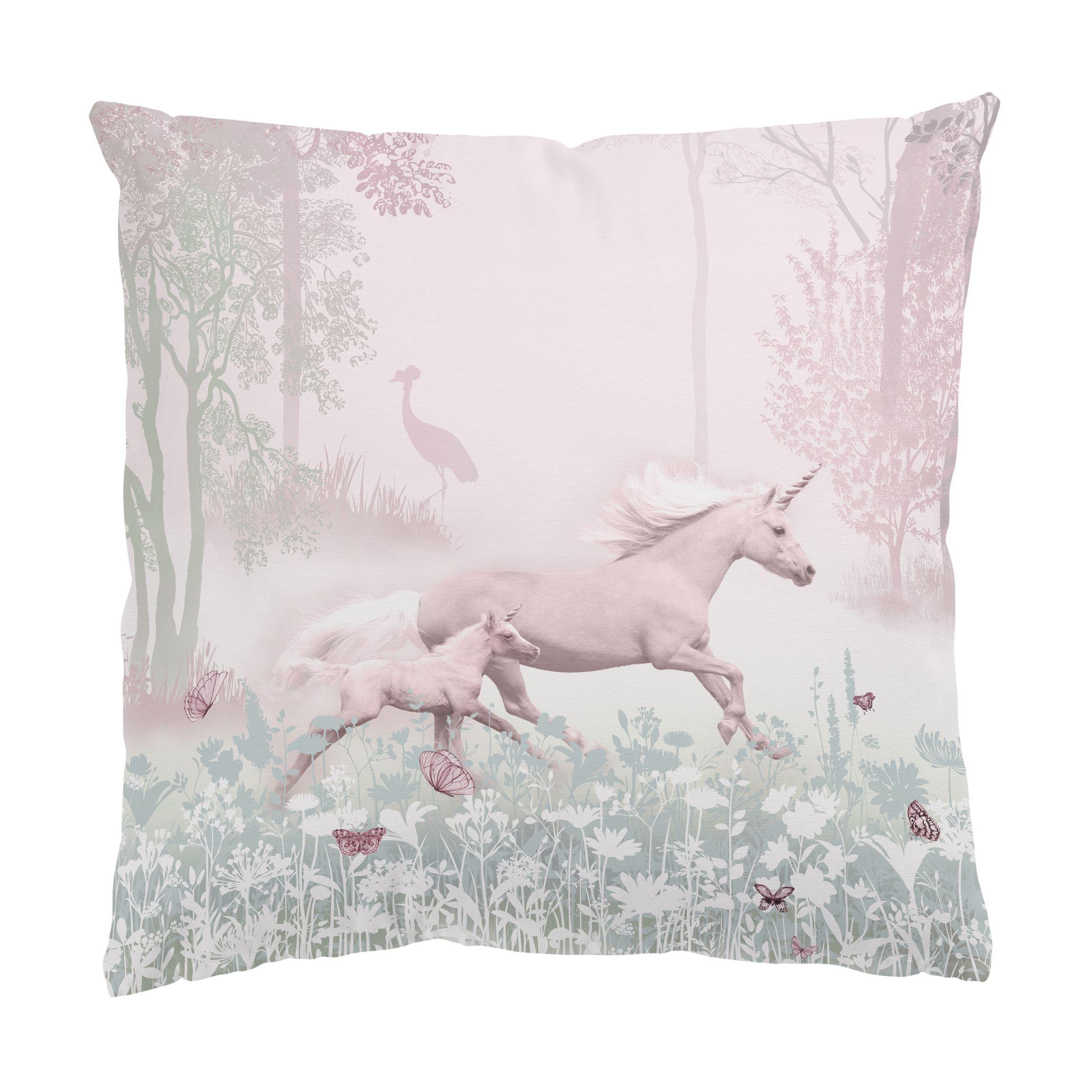 DEKOKISSEN Einhorn auf Blumenwiese in Rosa 50/50 cm - Rosa, Textil (50/50/10cm) - Bilderwelten