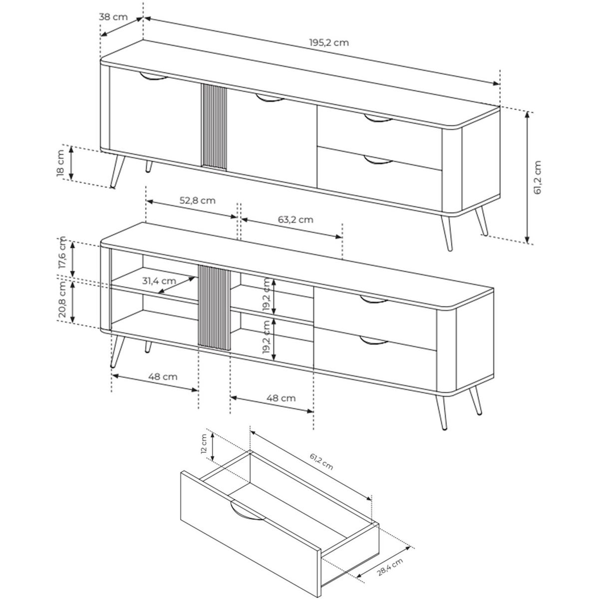 TV-LOWBOARD Veris 2-türig mit Schubladen, Dunin-Eiche, 195 cm - Dunkelbraun/Schwarz, Holzwerkstoff/Metall (195.2/61.2/38cm) - Selsey