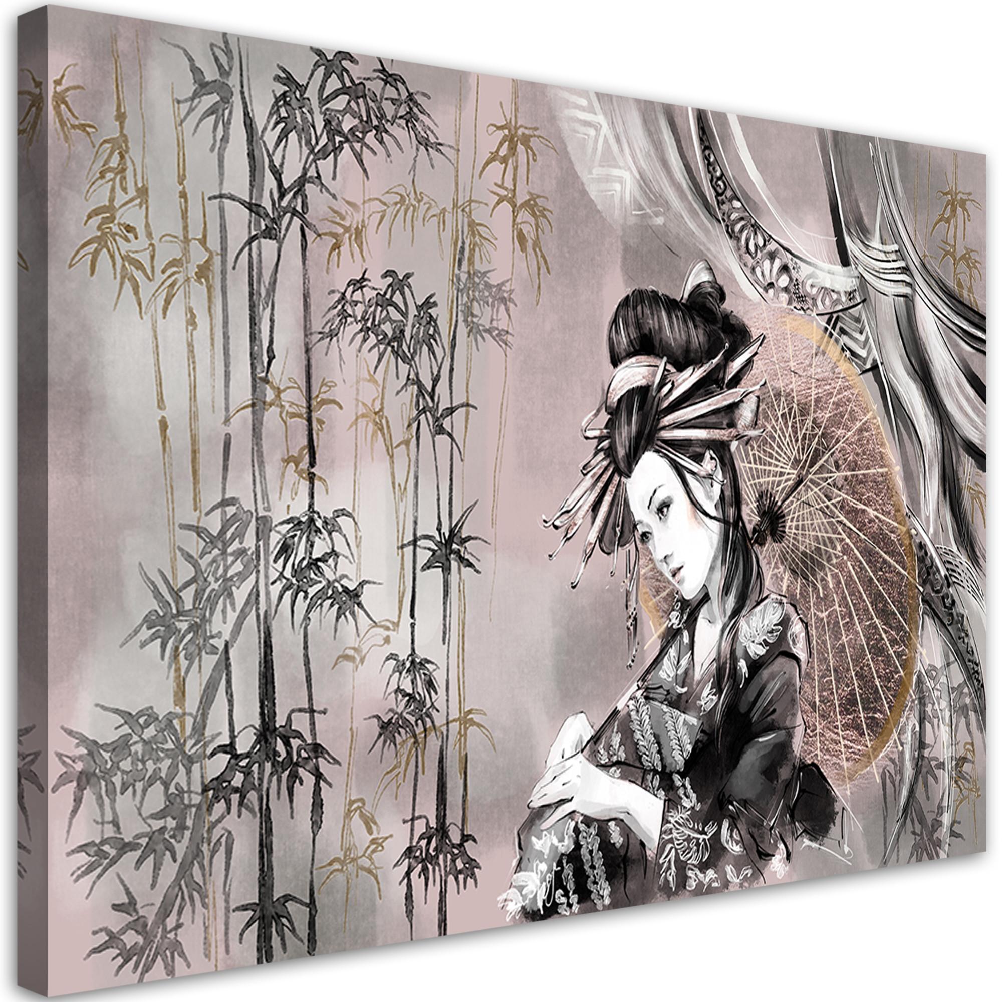 WANDBILD geisha und bambus - Silberfarben, Textil (60/40cm) - Feeby