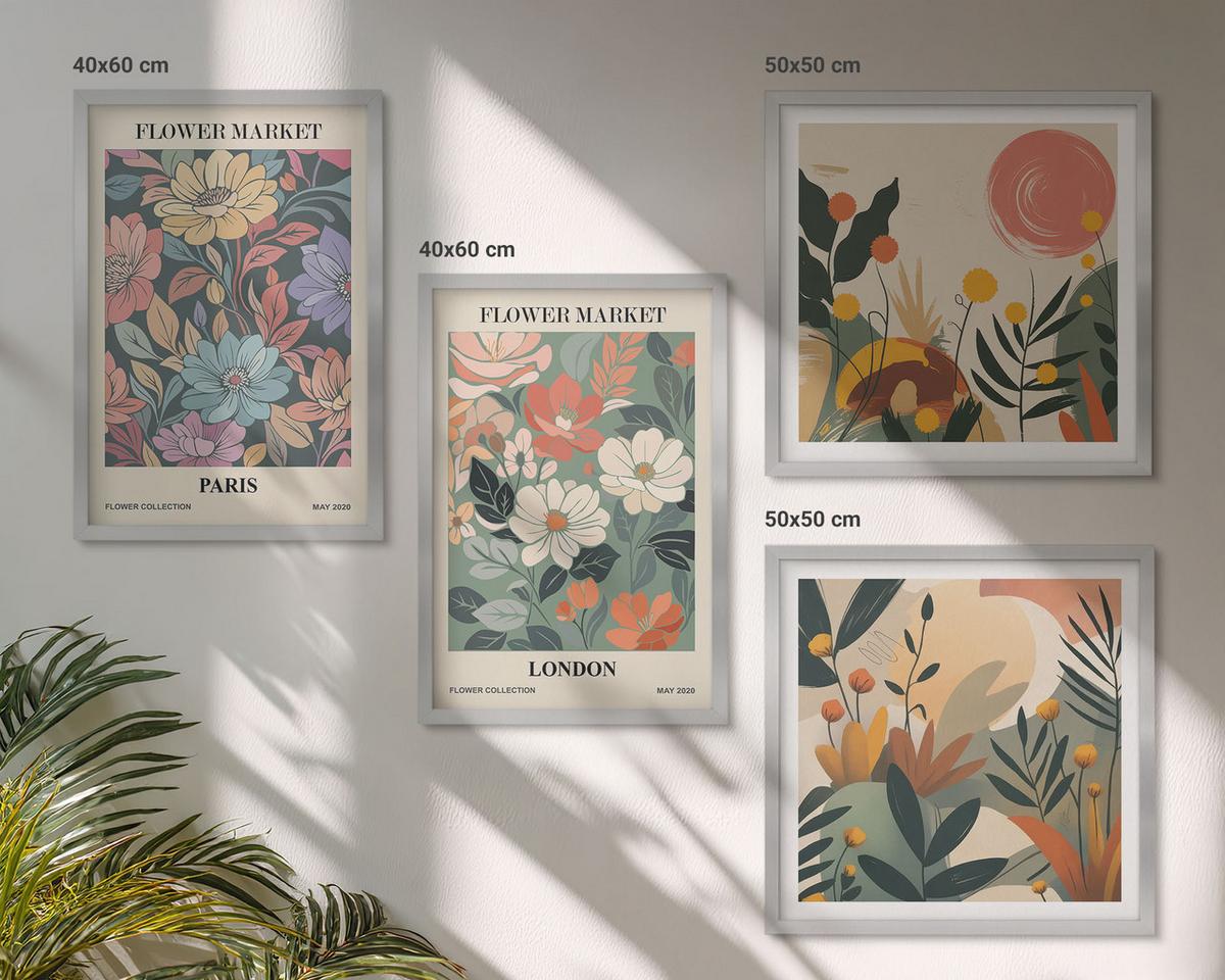 BILDER SET 4er Set - 50x50 cm & 40x60 cm Silberner Rahmen - Blumenposter Paris London - Silberfarben, Kunststoff (50/50cm) - TULUP