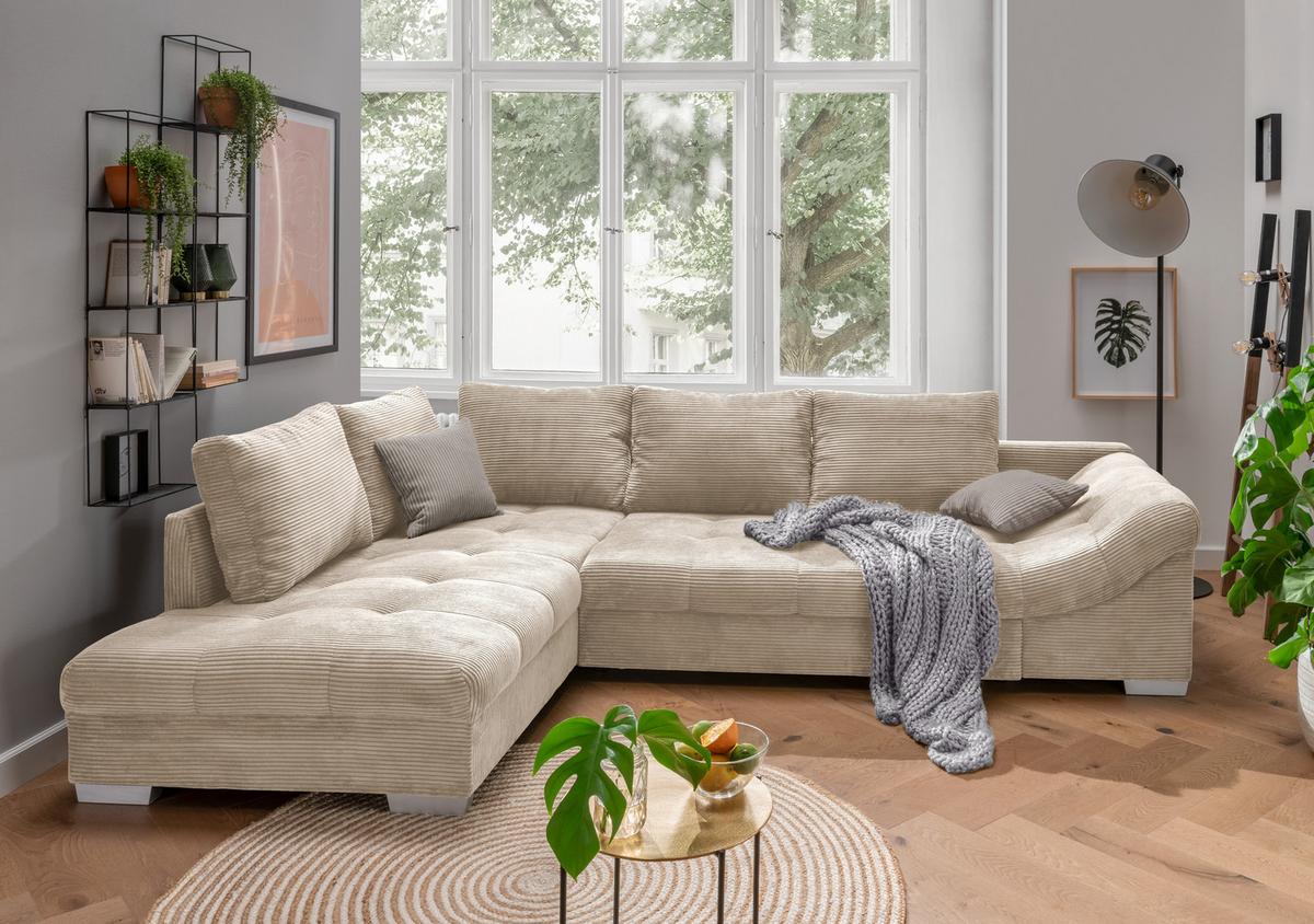 ECKSOFA mit Schlaffunktion, Wellenunterfederung, Ottomane links B298/T202/H84 cm, Liegefl. 154x227 cm, Cord Beige / 17204 - Beige/Silberfarben, Holzwerkstoff/Textil (298/202cm) - luma-home