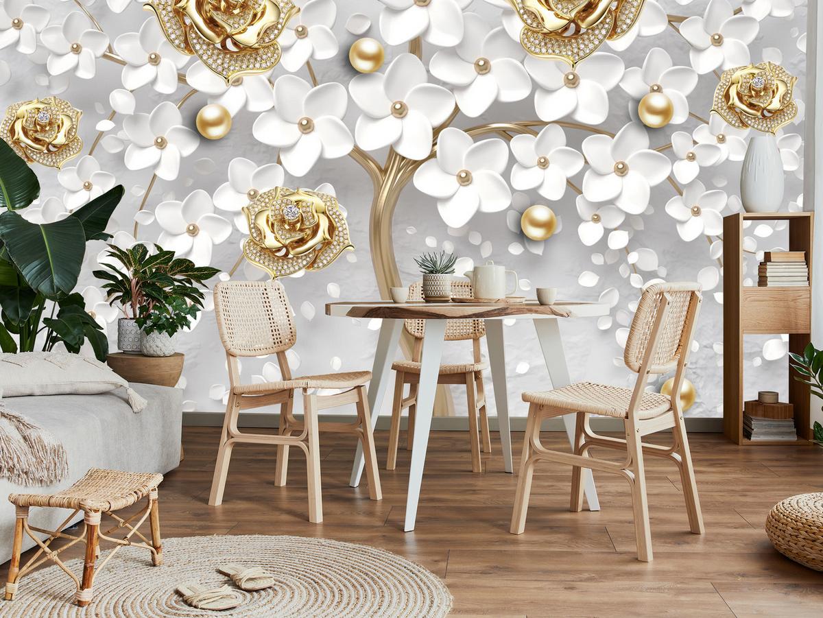 FOTOTAPETE für Wohnzimmer Abstrakte Rosen Baum Blumen Räumliche Äste Zweige 250x175 - Gelb/Weiß, Papier (250/175cm) - Muralo