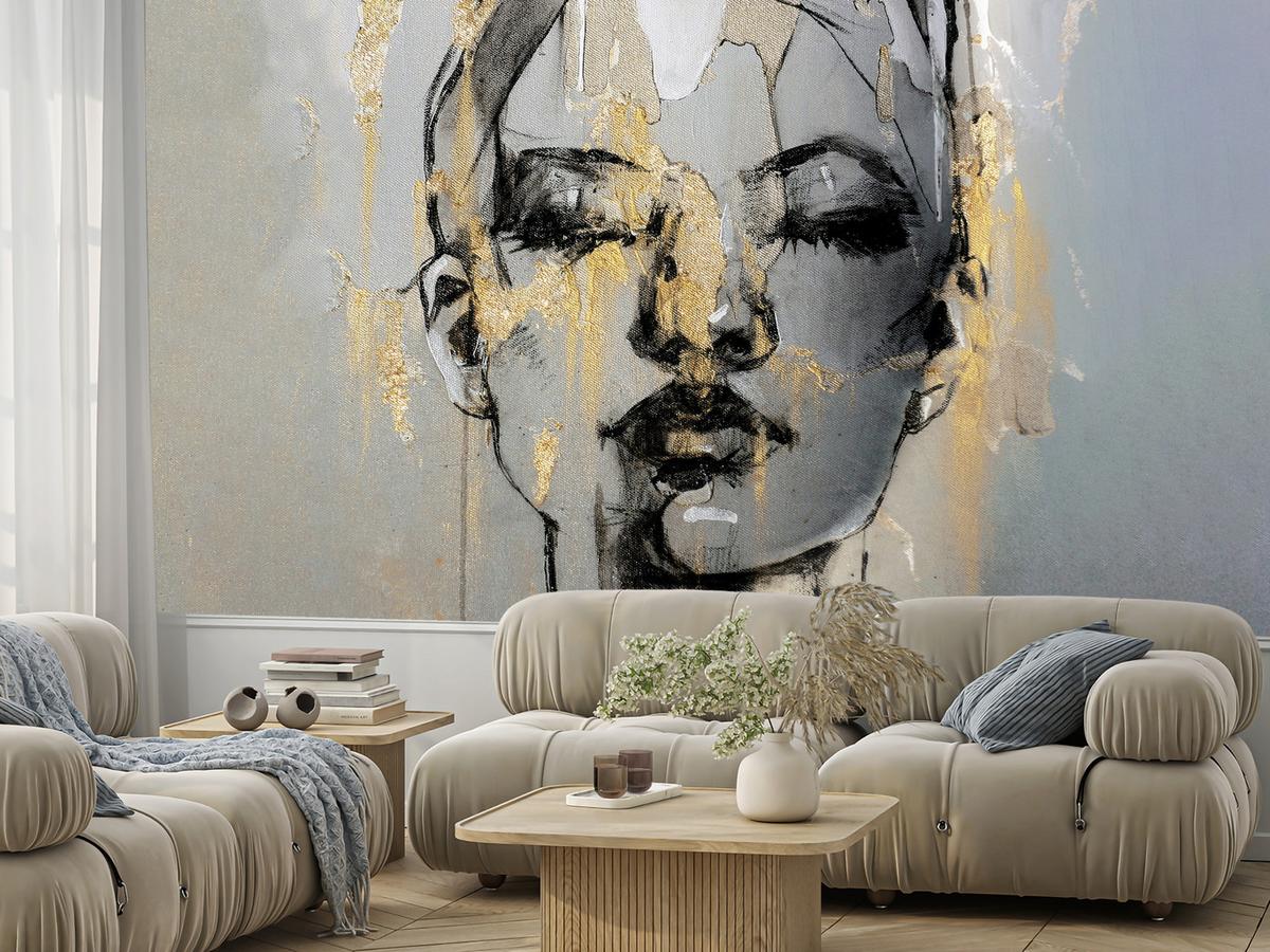 FOTOTAPETE für Wohnzimmer Frau Abstraktes Porträt Beton Modern Gold 500x350 - Gelb/Goldfarben, Papier (500/350cm) - Muralo