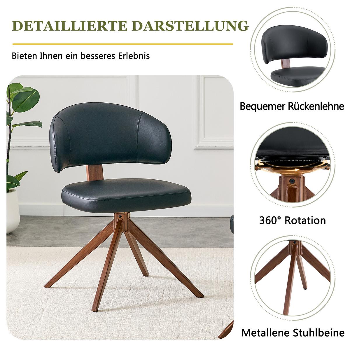ESSZIMMERSTUHL Drehbar Schwarz PU-Leder mit Polsterung & Metallgestell - Schwarz, Leder (54.5/77/50.5cm) - Urban Meuble