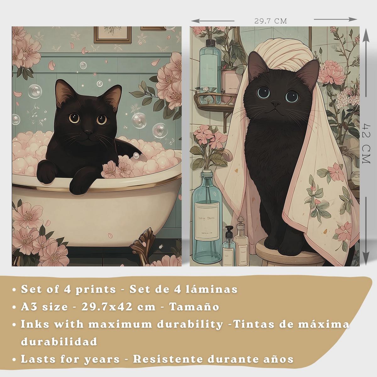 POSTER 4er-Set dekorative Kunstdrucke, schwarze Katze im Badezimmer, niedliches Blumenposter für Toilette, Schlafzimmer, sanfter Schwarzer Rahmen A3 - Schwarz, Papier (42/29.7/3cm) - Nacnic