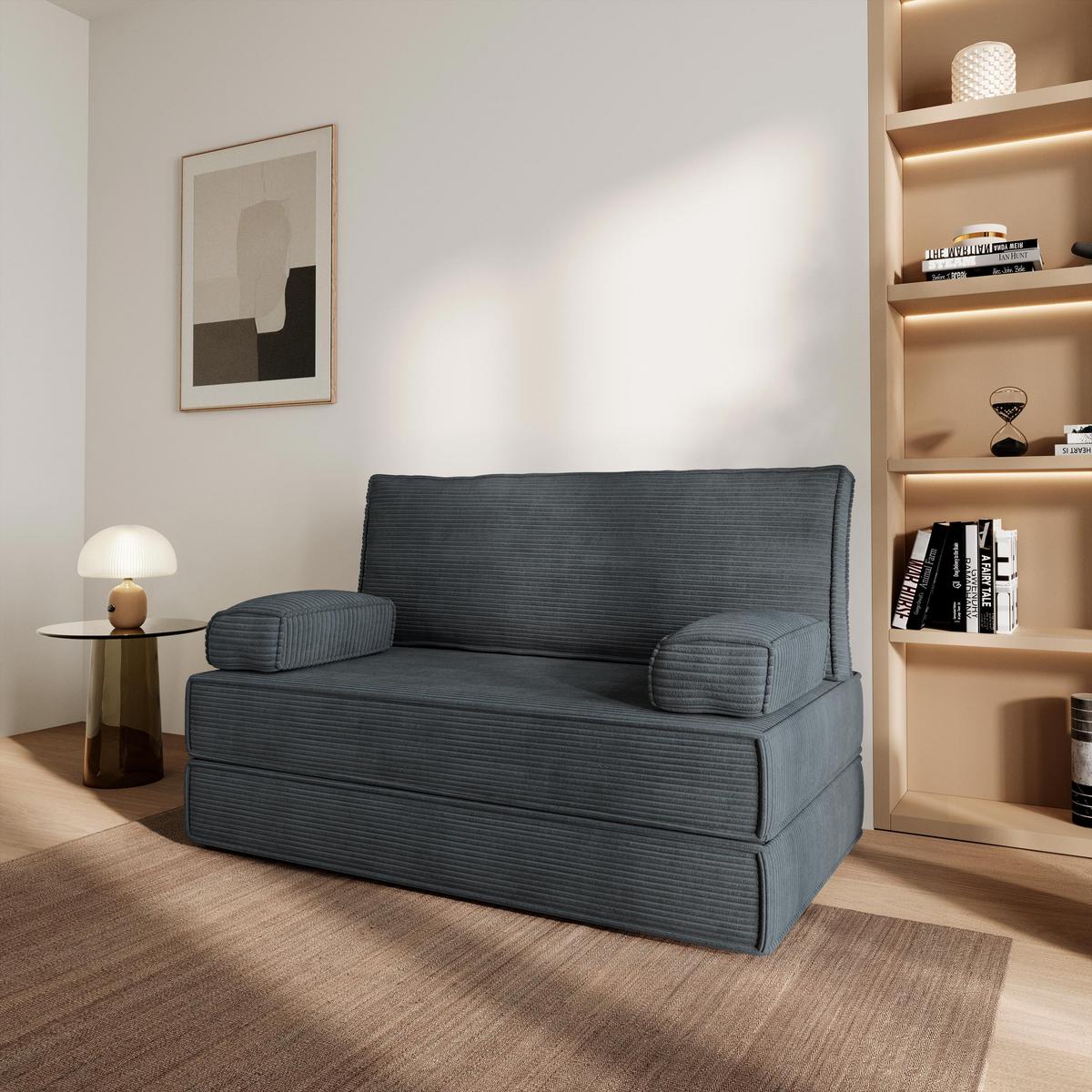 BETTSOFA LADIA aus Schaumstoff Kordstoff Grau Schlaffunktion - Dunkelgrau, Textil (140/86/60cm) - MASSENO