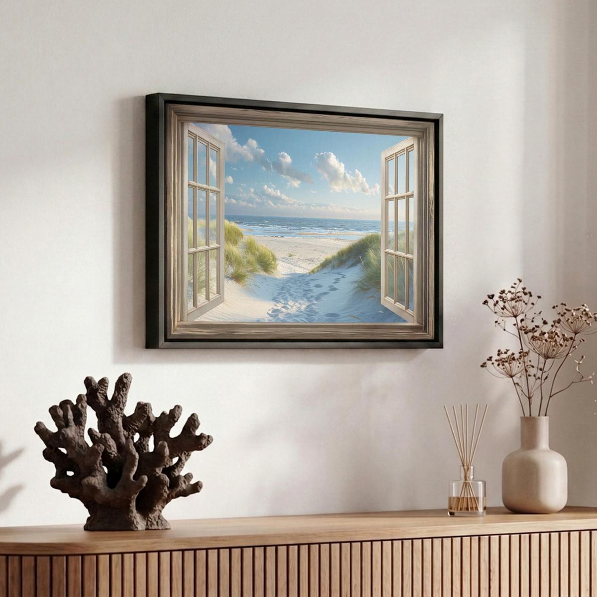 LEINWAND Bilder mit Rahmen - Aussicht - Strand - Fenster - Dünen - Meer - 30x20 - Hellblau, Textil (30/20cm) - MuchoWow
